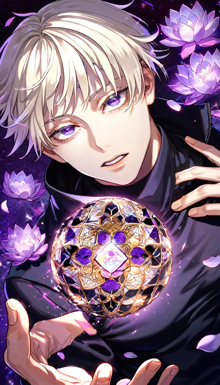 Ultra detailed, Highres, absurdres, HDR, Inumaki Toge, platinum-blond hair, expressive purple eyes, black coat with patterns, Jujutsu Kaisen, black tight shirt, fantasy, glittering, petals, handsome, sexy man, solo, very detailed eyes and face, master piece, glittering, purple lotus, water, toned chest, purple background, magic