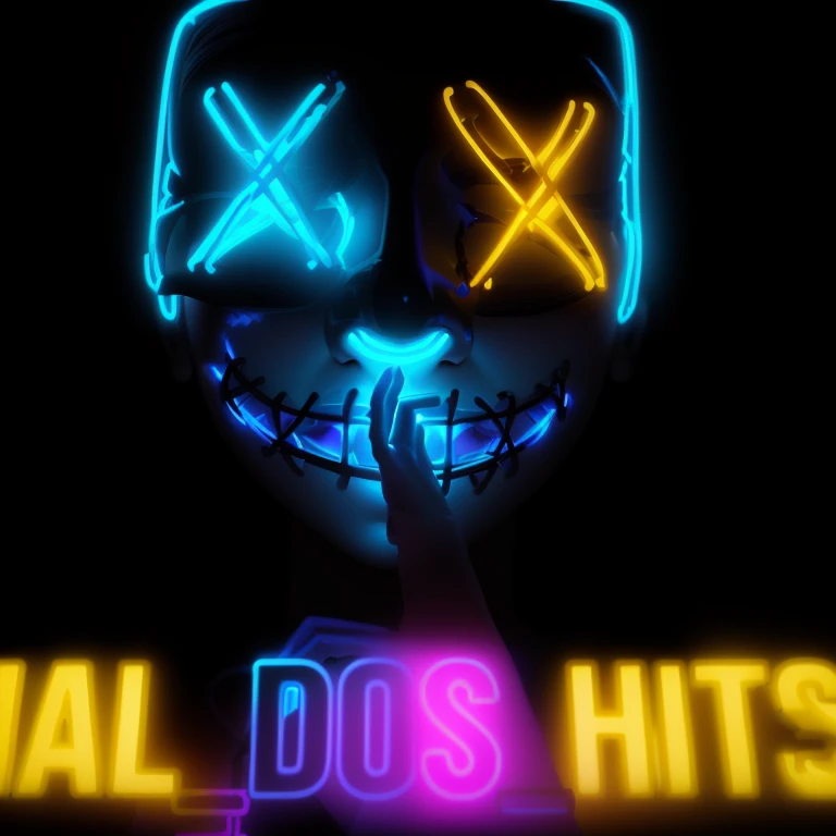 a close-up of a person holding a neon mask in front of a black background, dos game, alto detalhe, kda, alto detalhe, sem undertale, arte oficial, miniatura do youtube, final, arte digital, arte digital, trending on mentalray, arte promocional, album cover, 2 0 2 2, 2022, # digital 2d