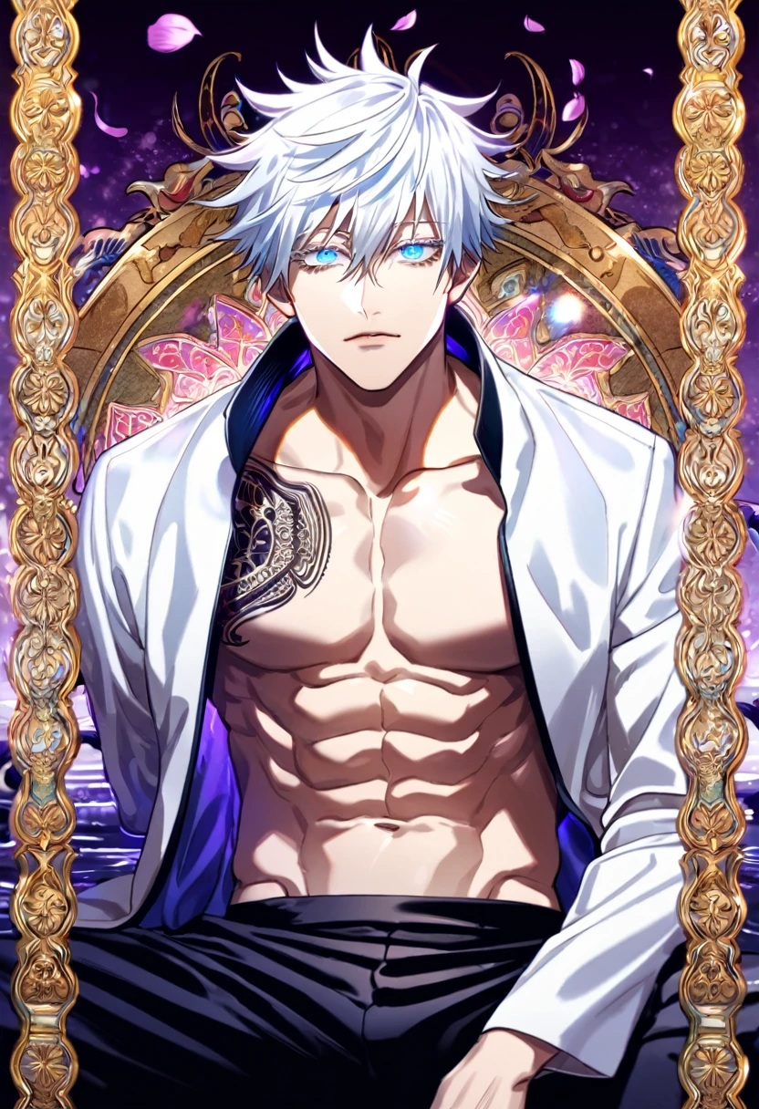 absurdres, highres, ultra detailed, HDR, master piece, best quality, Gojo Satoru, white hair, with bangs, hair between the eyes, expressive blue eyes, white eyelashes, Jujutsu Kaisen, solo, sexy man, sitting, handsome, toned chest, white jacket, black pants, patterns, tattoos, magical, fantasy, purple background, purple lotus, shining, purple petals, water