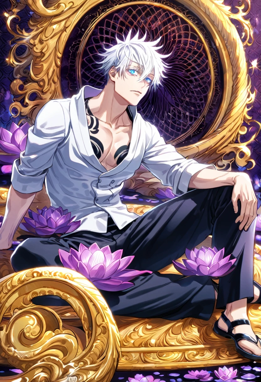 absurdres, highres, ultra detailed, HDR, master piece, best quality, Gojo Satoru, white hair, with bangs, hair between the eyes, expressive blue eyes, white eyelashes, Jujutsu Kaisen, solo, sexy man, sitting, handsome, toned chest, white jacket, black pants, patterns, tattoos, magical, fantasy, purple background, purple lotus, shining, purple petals, water