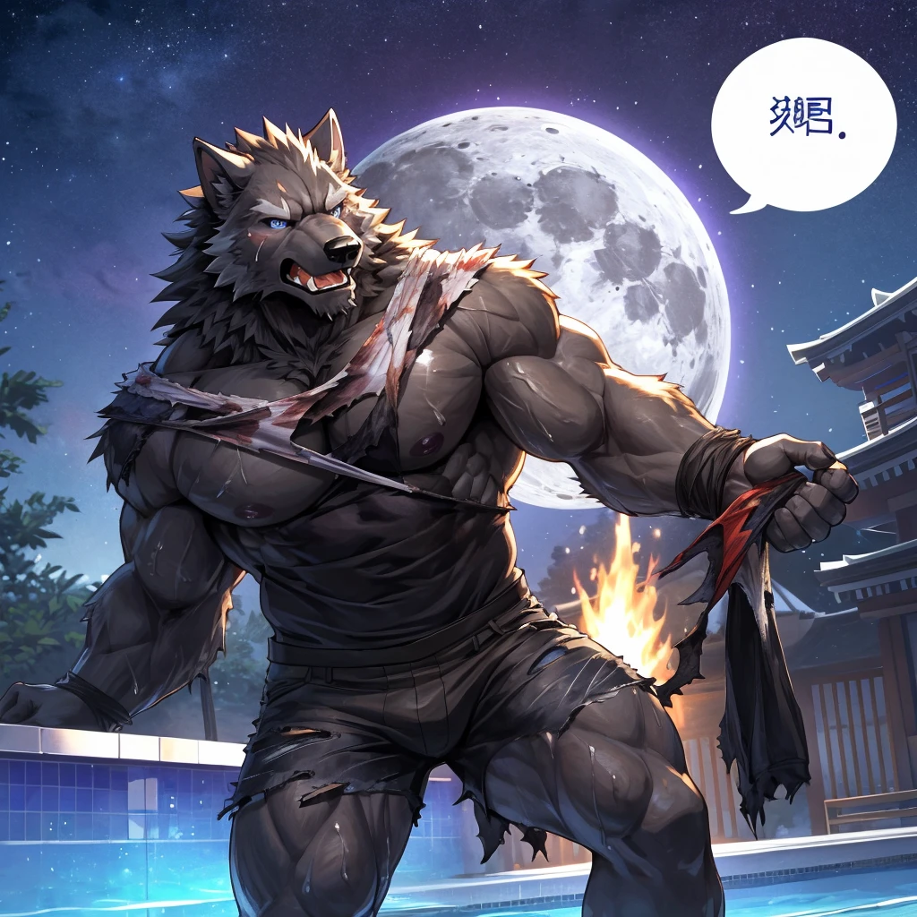 masterpiece,high quality,anime, ultra detailed
, Ripping off one&#39;s clothes, (shirtless:1.7)
, 毛むくじゃらの雄の黒Wolf, Wolf, great physique,Strong arms, manly
, (Black outfit), Black tank top, Clothes that cling to muscles, (Tattered clothes:1.7), ((Excessive sweating))
, Painful eyes, Painful expression, Grit your teeth, (ultra detailed eyes:1.45), ultra detailed purple pupil

, [[(ultra detailed dick), look up]]

, Poolside, Night Sky, Joyful, From null-ghost,Pino Daeni, (Bonfire light:1.1), (japanese speech bubble:1.2), (full moon)