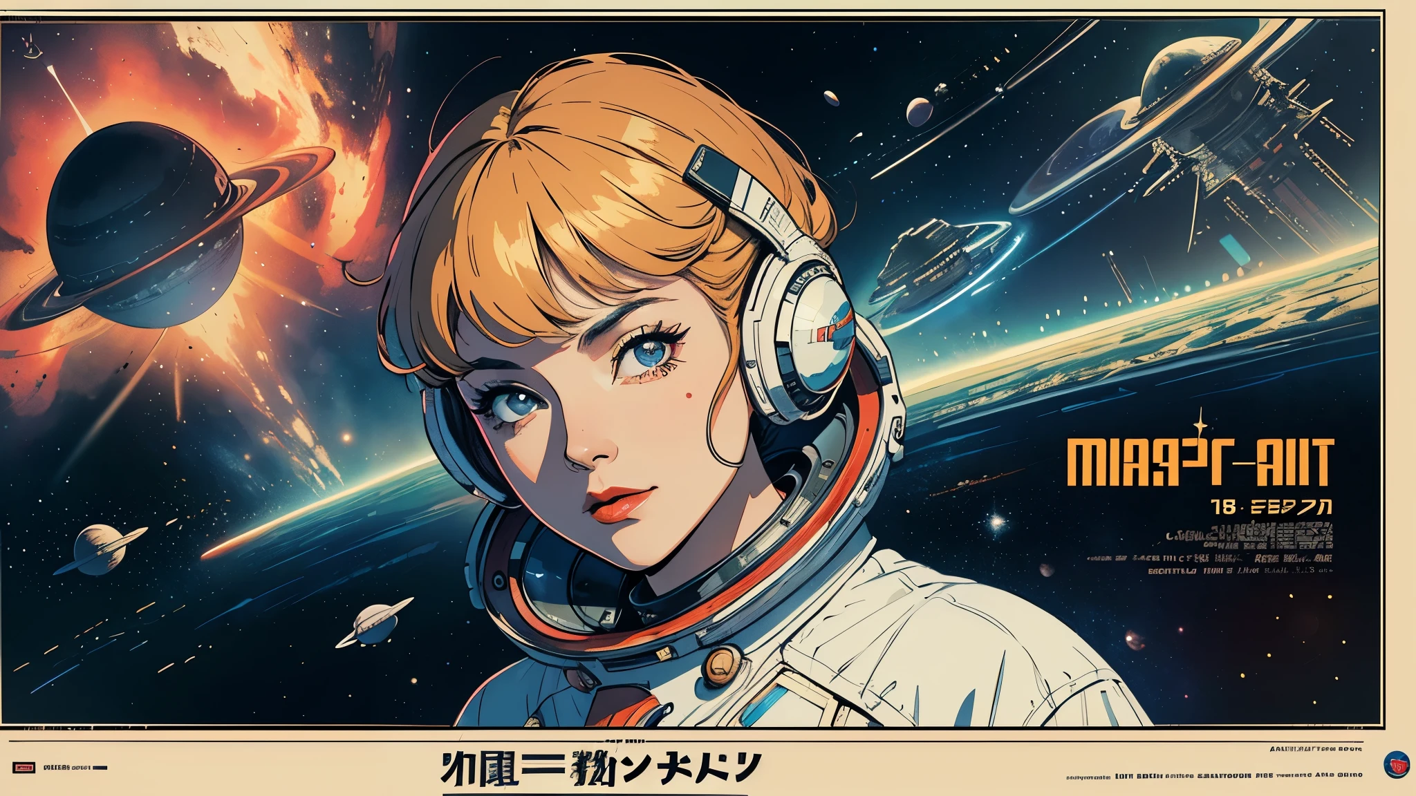 (masterpiece, highest quality), 8k wallpaper, very detailed, poster, vintage science fiction, 1960s,(((space thriller cinematic movie poster))), (bauhaus), shape,abstract, mid century modern, movie poster, vintage, Perfect Lady,anime,1970's,halftone,speech bubble