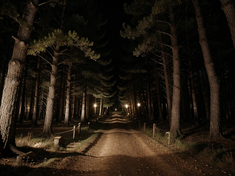 Camino que hace una curva en el bosque solitario de noche