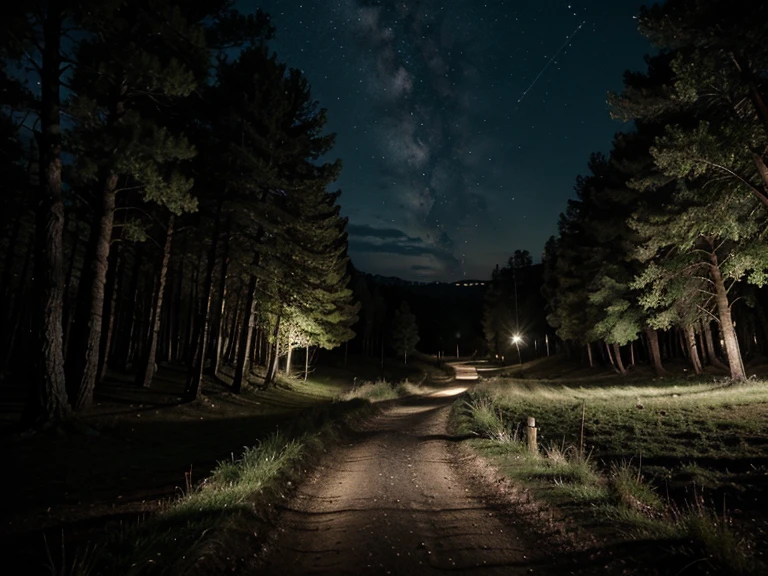 Camino que hace una curva en el bosque solitario de noche