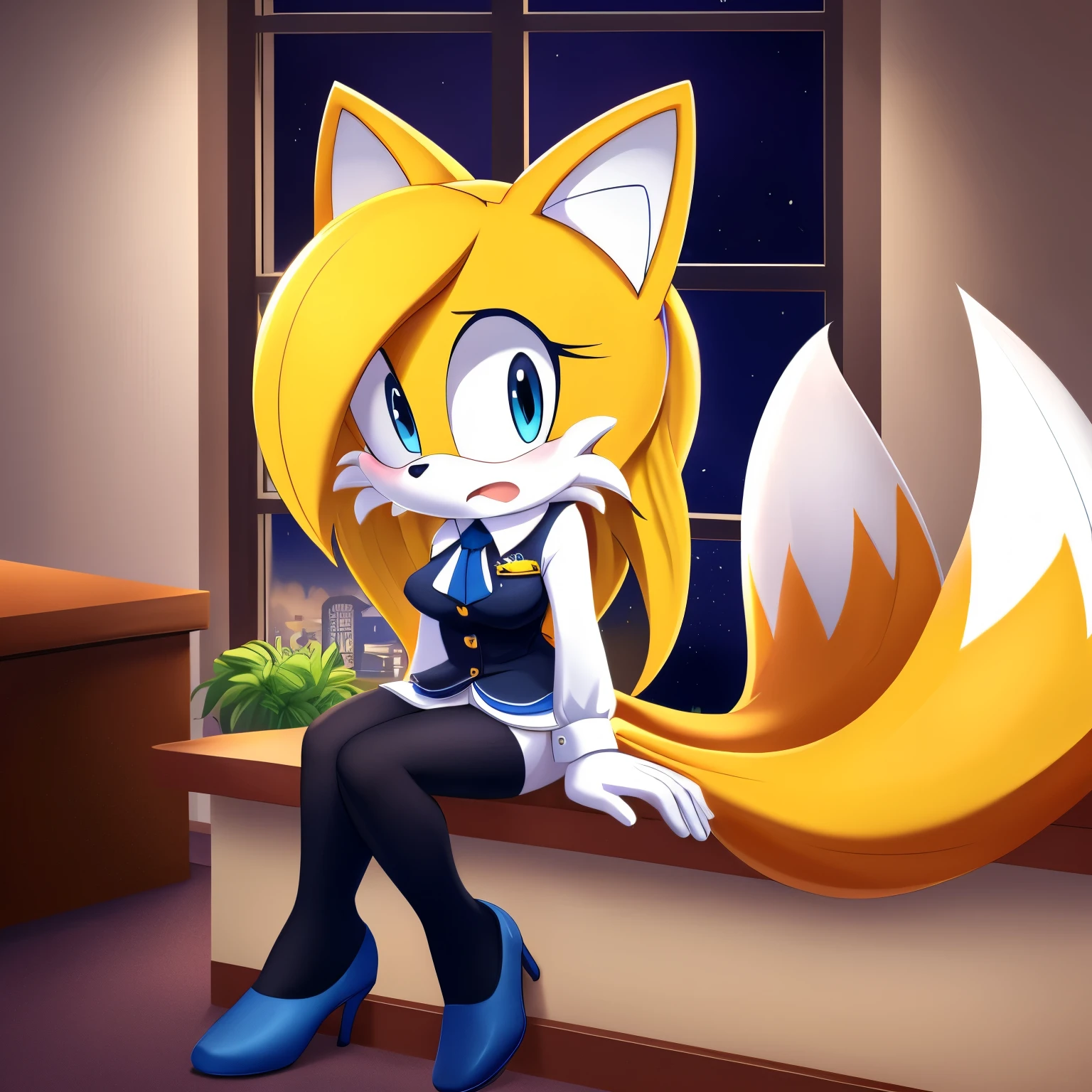 score_9, score_8_up, score_7_up, 2D, ((Masterpiece)), high quality, studio quality, solo, 1girl, (((Tails the Fox but female))), Female Tails, Female, Mobian, Fox, (((light yellow fur))), (((long light yellow hair))), light blue eyes, medium breasts, Jewel cosplay, Jewel the Beetle cosplay, Jewel’s outfit, looking at viewer, (embarrassed expression), office, desk, window, evening, lower back length hair, long hair, hair bangs, (nervously/scared), furry female anthro, sitting, sitting with one leg over the other, looking at viewer, she wears a french pink blazer with two navy buttons, a white cravat attached to a gold brooch with a medium blue gem, a matching french pink miniskirt, white gloves with navy cufflinks, navy tights, and french pink high heels
