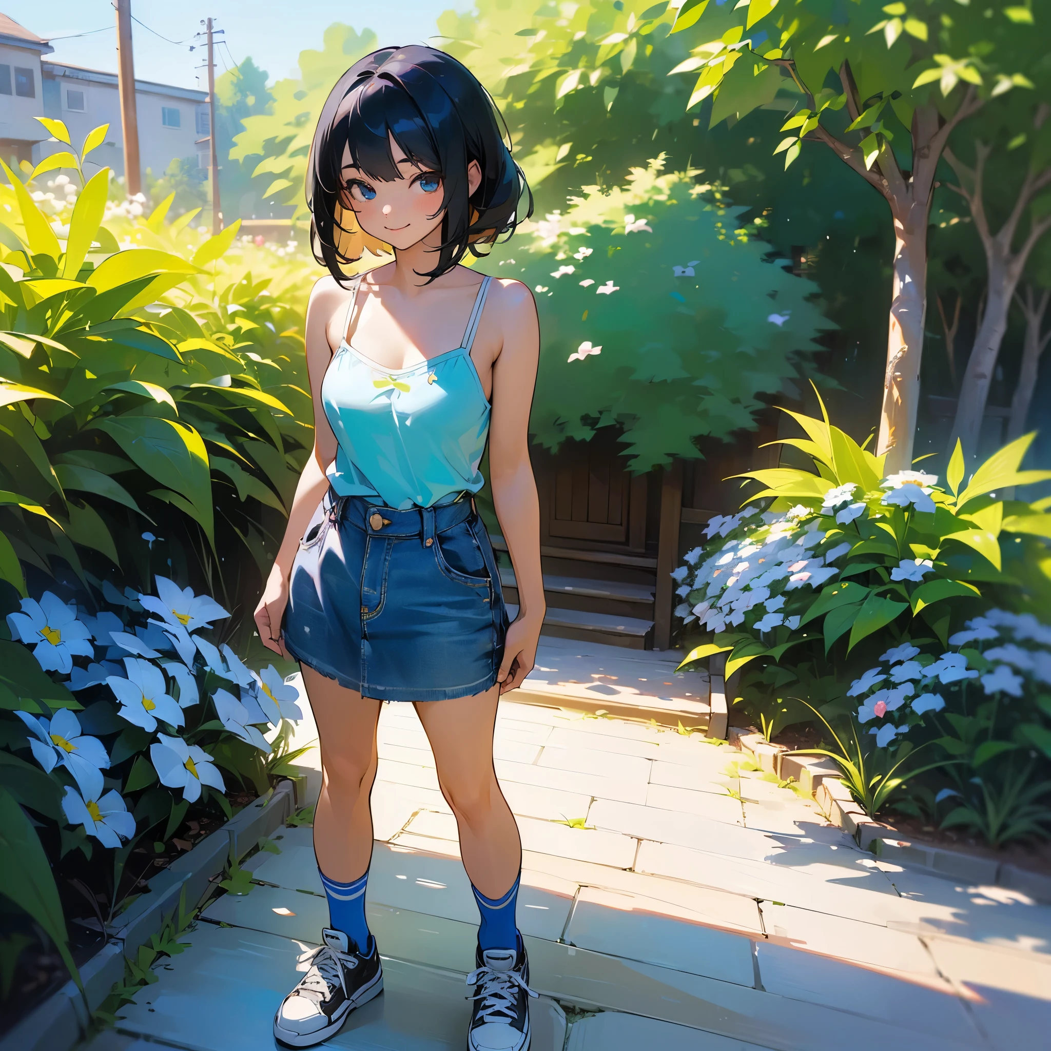 (high quality, High resolution, Very detailed, reality:1.37), Peaceful atmosphere, (Outdoor, garden), age girl standing alone, (my breasts are big.), Beautiful details, Cute Smile, (Black bob hair), camisole, Denim skirt, Blue socks, sneakers.