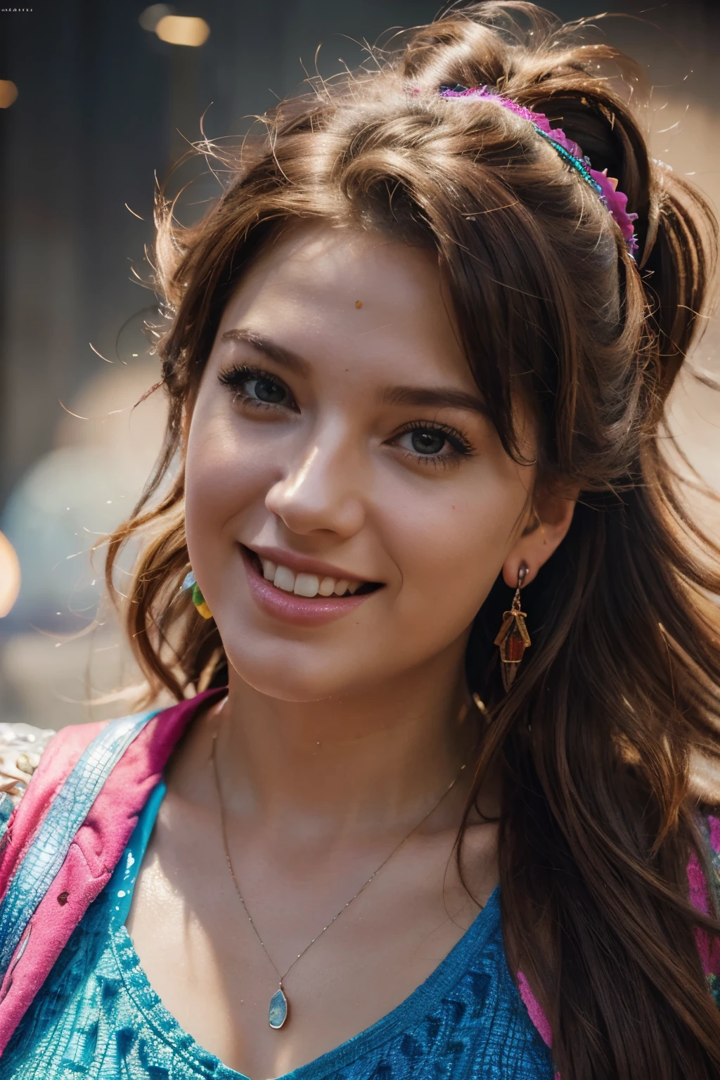 Hyper realistic digital painting, image of a woman with a happy-crazy face, hair style 80's, capturing the mythical essence of pop with vibrant colors with backlighting enhancing the character, intricate details
