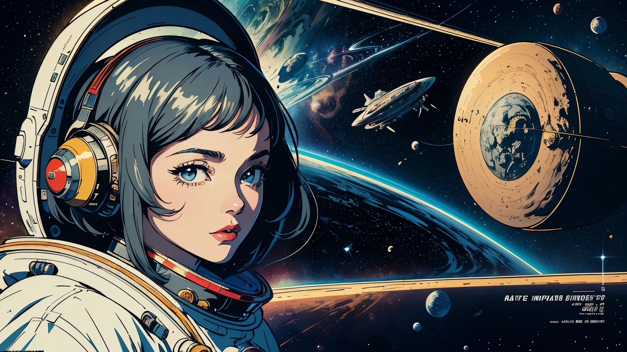 (masterpiece, highest quality), 8k wallpaper, very detailed, poster, vintage science fiction, 1960s,(((space thriller cinematic movie poster))), (bauhaus), shape,abstract, mid century modern, movie poster, vintage, Perfect Lady,anime,1970's,halftone,speech bubble