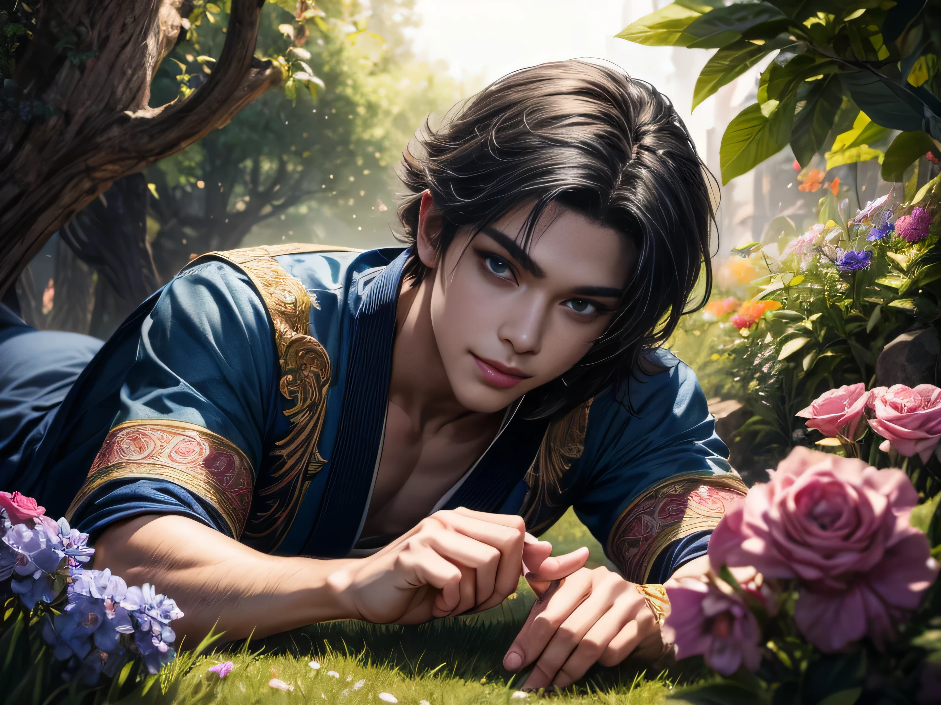 (Best Quality, 8K, Masterpiece, HDR, Soft Lighting, Picture Perfect, Realistic, Vivid), Garden with blue and pink flowers, a handsome man is lying on the grass, a fox girl is lying on his chest, he has a beautiful blue eye color and a kind smile , black hair, he has a naked torso with a perfect body, his clothes are Tang Dynasty style, man, cute man, blue eyes, smile (ultra high quality fantasy art, majestic fantasy style), masterpiece, ultra high quality male character design, anime art in 8k resolution, realistic anime art, highest quality wallpaper illustration, detailed ultra high quality accurate male character face, high quality design and accurate physics, male character) (ultra high quality fantasy art, dark fantasy style), masterpiece, ultra high quality characters, anime with -8k resolution, realistic anime art, highest quality wallpaper illustration, ultra high facial detail, high quality design and accurate physics), color difference, depth of field, dramatic shadows, ray tracing, high quality and detailed computer wallpapers in 8K resolution. (Accurate simulation of the interaction of light and material)], [Visual art that conveys the meaning of history]