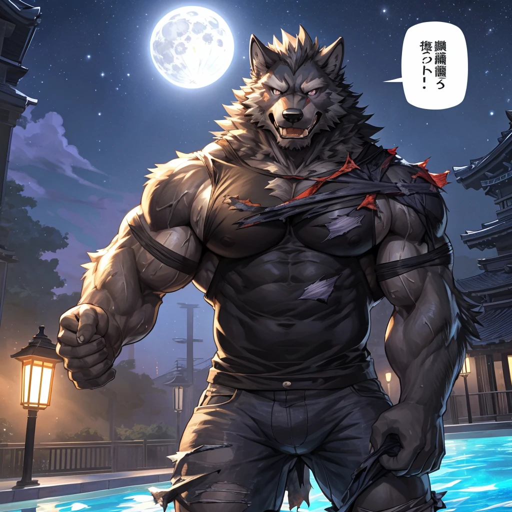 masterpiece,high quality,anime, ultra detailed
, Ripping off one&#39;s clothes, shirtless
, 毛むくじゃらの雄の黒Wolf, Wolf, great physique,Strong arms, manly
, Black outfit, Black tank top, Clothes that cling to muscles, (Tattered clothes:1.7), ((Excessive sweating))
, Painful eyes, Painful expression, Grit your teeth, (detailed eyes:1.5), ultra detailed purple pupil

, [[(ultra detailed dick:1.1), look up]]

, Poolside, Night Sky, Joyful, From null-ghost,Pino Daeni, (Streetlight:1.5), (japanese speech bubble:1.2), (full moon)