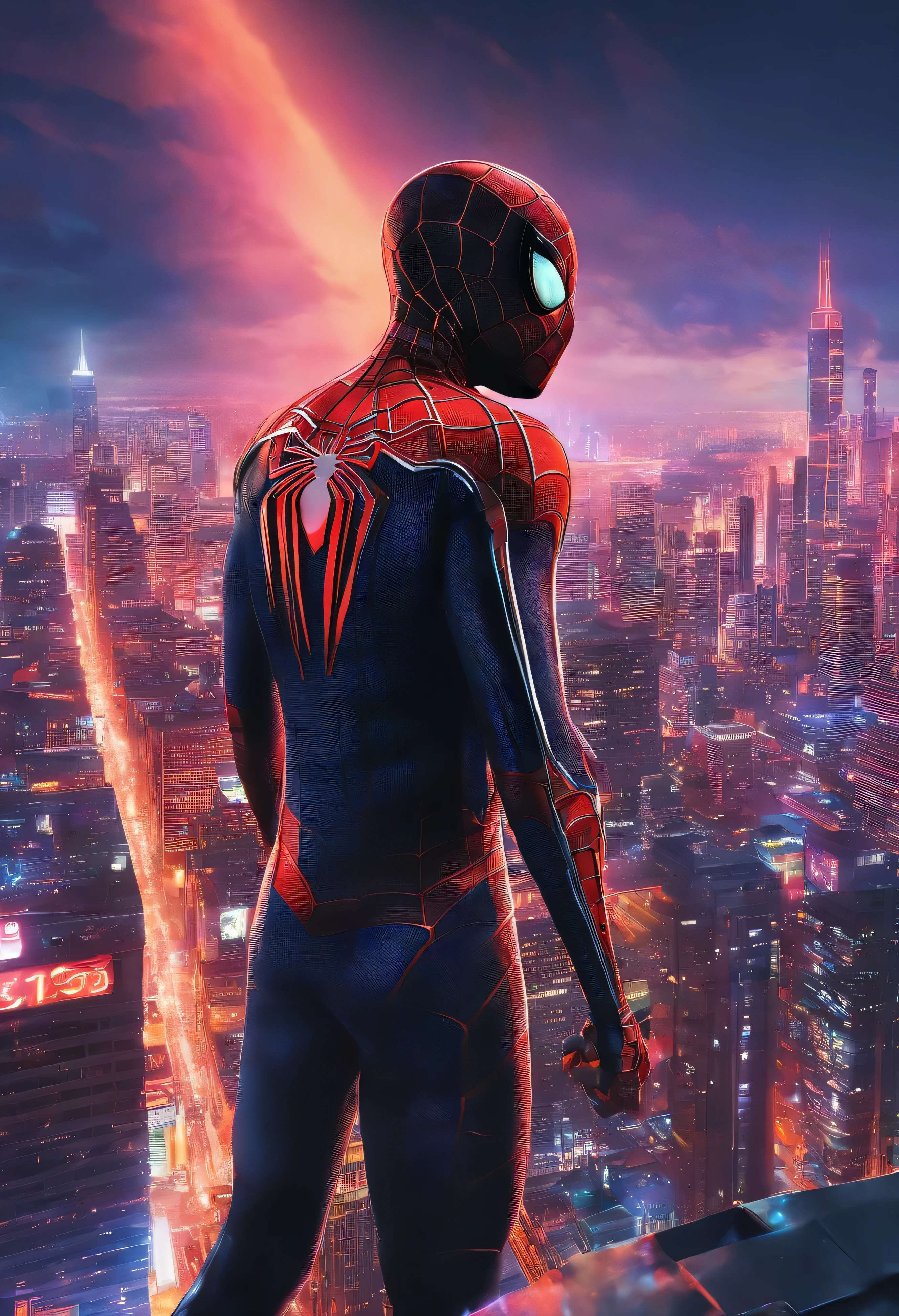 Spider - Man in a suit standing on a roof with a cyberpunk city in the background, bustling with neon signs, Pedro Lucia, Homem-Aranha, aranha - homem, Retrato do Homem-Aranha, hq 4k papel de parede, Aranha altamente detalhada - Man, peter parker como homem-aranha, Estilo futurista Homem-Aranha, 8k rendering", medium close-up ( UCM ), homem Aranha, Trends in ArtStation 4K, cg arte