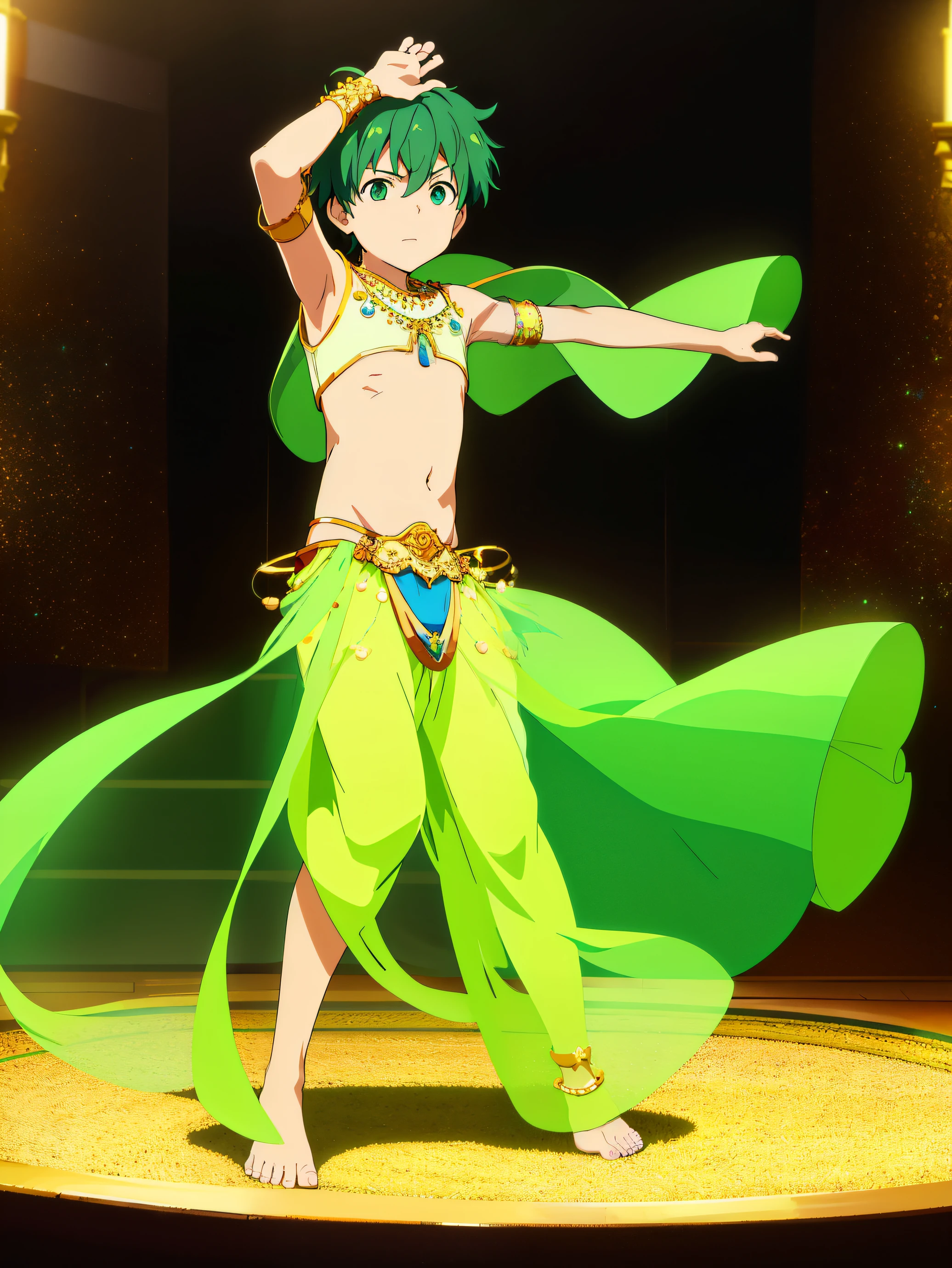 Highres, Masterpiece, Best quality at best,High-quality illustrations, 1boy, Boy, (Shota), solo person, 3gypt1anb3llyD, barefoot, midriff, dancer, Green belly dancer, Belly dancer, night day, Seen from front, Anime screencap style, depth field, Uhd