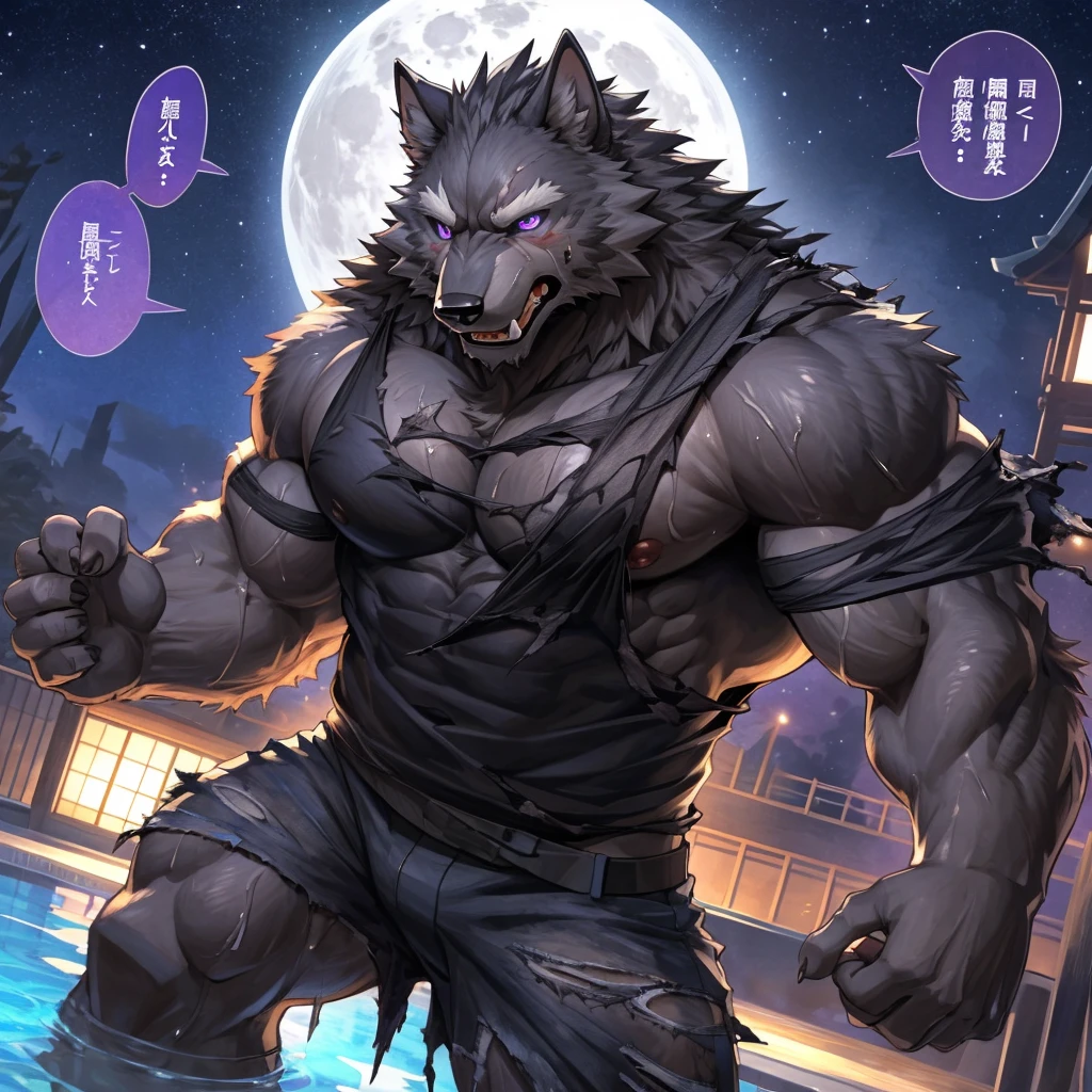 masterpiece,high quality,anime, ultra detailed
, Ripping off one&#39;s clothes, (shirtless:1.3)
, 毛むくじゃらの雄の黒Wolf, Wolf, great physique,Strong arms, manly
, Black outfit, Black tank top, Clothes that cling to muscles, (Tattered clothes:1.7), ((Excessive sweating))
, Painful eyes, Painful expression, Grit your teeth, (ultra detailed eyes:1.45), ultra detailed purple pupil

, [[(ultra detailed dick:1.1), look up]]

, Poolside, Night Sky, Joyful, From null-ghost,Pino Daeni, (Bonfire light:1.1), (japanese speech bubble:1.2), (full moon)