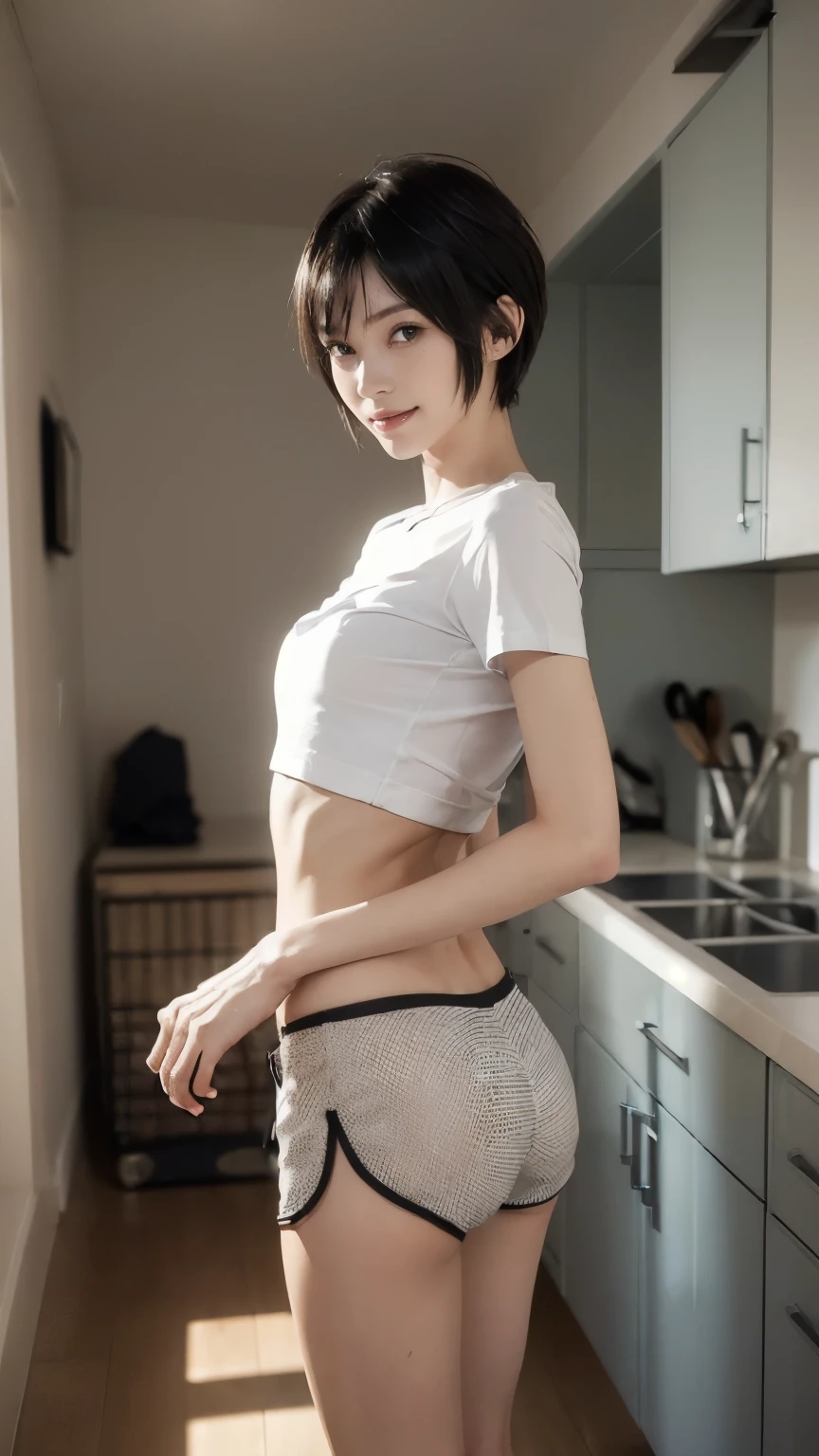 (Clothing:2.0, Sleeveless T-shirt:1.8, boxer shorts:1.8), (Wet:1.2), ((A grin:1.2, Short Hair:1.2, slender:1.5, Small Ass:1.5)), (Kitchen room:1.5), ((Japanese, 1 Girl, 18-year-old, 7 heads, Ideal body proportions, Black Hair, With bangs, Small breasts, Erect nipples, slender, Small Ass, Beautiful feet, Skinny Legs)), Surrealism, Cinematic Lighting, Depth of written boundary, First Person View,  F/1.8, 135mm, Ticker, Mastepiece, Curate, ((Anatomically correct:1.3)), Textured skin, Super Detail, High detail, High quality, Awards, Best Quality, High resolution, 8K