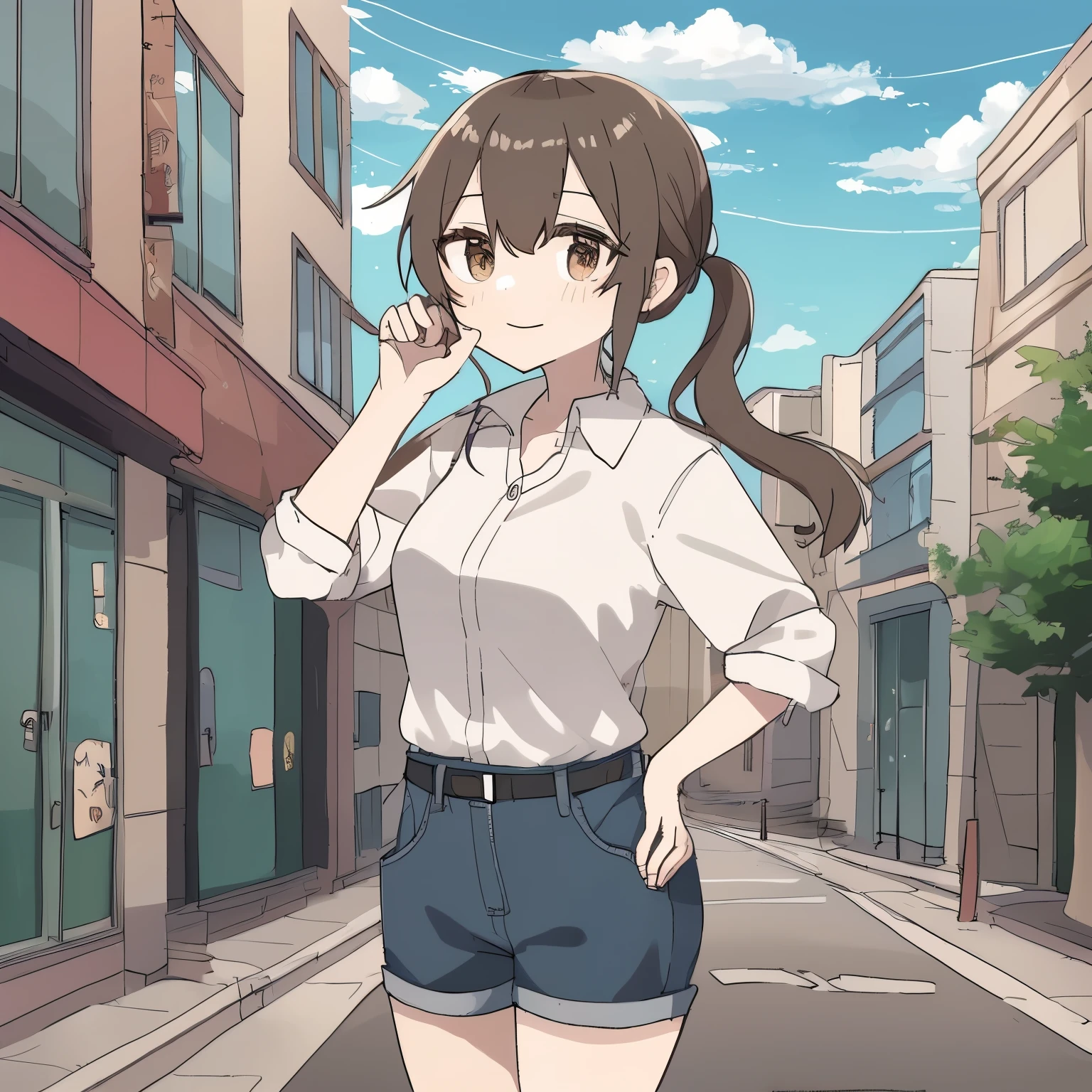 anime, waifu, exceptional, best aesthetic, new, newest, best quality, masterpiece, BREAK 1girl, hand on hip, shirt, shorts, brown hair, twintails, brown eyes, smile, street, rating_safe