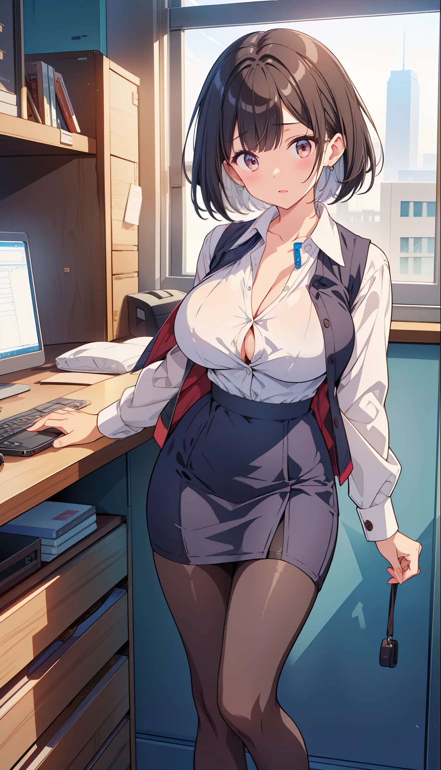 highest quality, Flying debris、Beautiful woman、officeレディー、Black Hair、(Brown eyes、Big Breasts、Blunt bangs)、short hair、チェック柄のダークブルーのofficeスーツ)、new employee,Full Body Shot、Female office lady、break(Dark blue checked vest、White dress shirt、Navy blue mini tight pencil skirt:1.2)、(Black Pantyhose、garter belt、High heels)、break(office:1.3)、Cleavage、Shirt buttons fly off、Absolute area、Blushing、Embarrassed、Standing posture、Open your mouth、Exposing the breasts、Bare your breasts、No panties、No bra、Nipples are visible、Expose the nipple