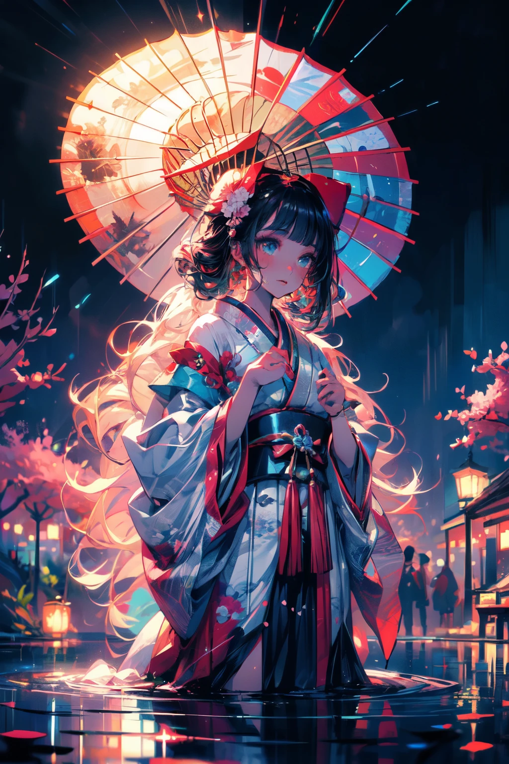 (highest quality, High resolution, Super detailed, Realistic), anime, Dark-skinned geisha, Green Eyes, umbrella, fan, Traditional Japanese Clothing, Delicate makeup, Complicated hairstyle, Mysterious atmosphere, Glowing lantern, Cherry blossom background, dim garden, Quiet Pond, water flowing, Heavenly Beauty