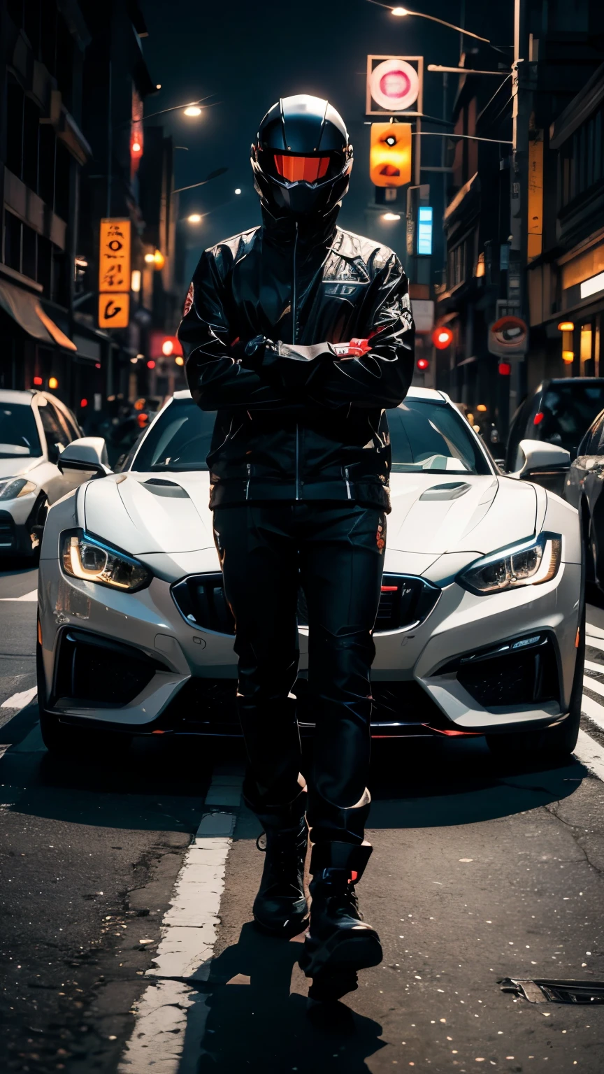 best quality, masterpiece, 8K, HD, masculine 25 year-old korean man, arms folded, wearing futuristic cyberpunk helmet, standing in the middle of the street, ((a pimped up sports car in half black and white paint, led lights)), (traffic red light in the top left), (empty street), pedestrians on the sidewalk looking at him, at night, stars, in the sky, front view, vibrant colors, highly detailed, perfection