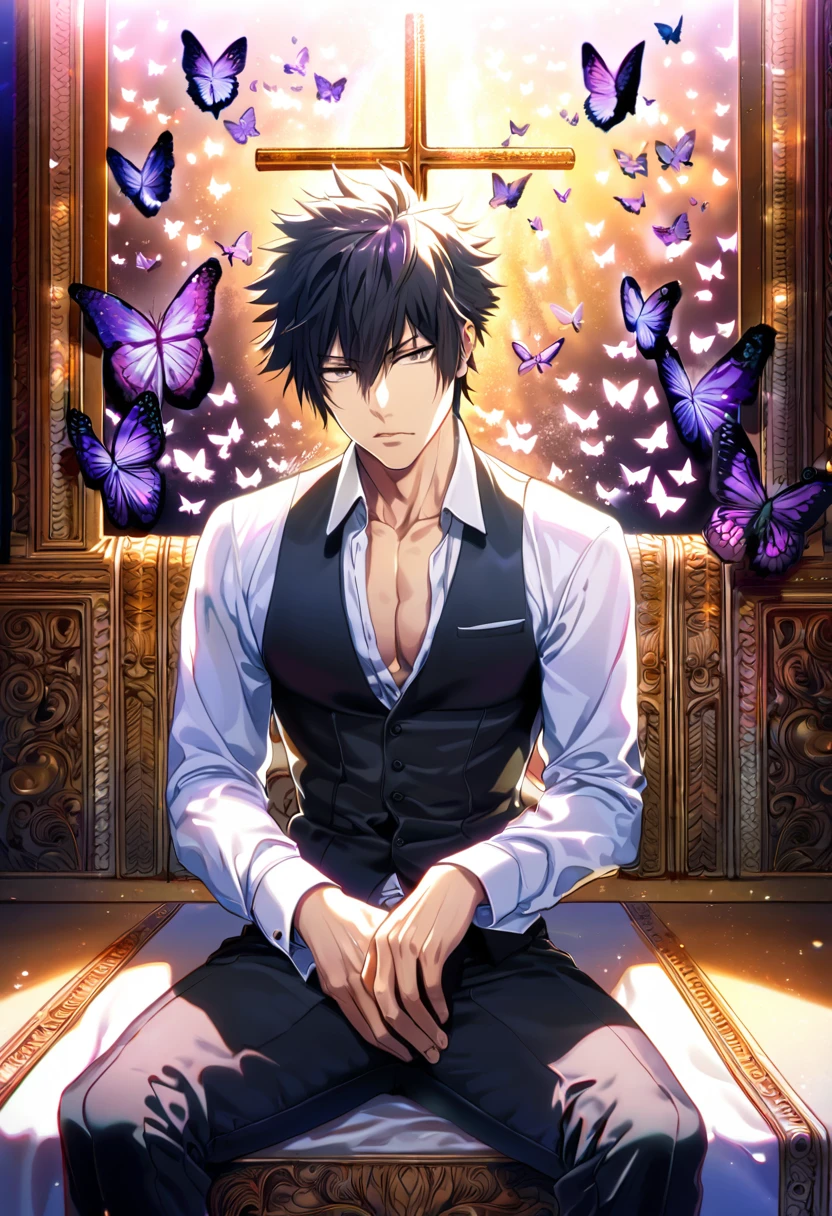 absurdres, highres, ultra detailed, HDR, master piece, best quality, Kougami Shinya, black hair, expressive gray eyes, psycho pass, solo, sexy man, handsome, toned chest, white shirt, black vest, sitting, cross, purple butterflies, petals