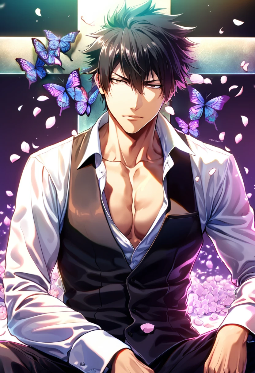 absurdres, highres, ultra detailed, HDR, master piece, best quality, Kougami Shinya, black hair, expressive gray eyes, psycho pass, solo, sexy man, handsome, toned chest, white shirt, black vest, sitting, cross, purple butterflies, petals