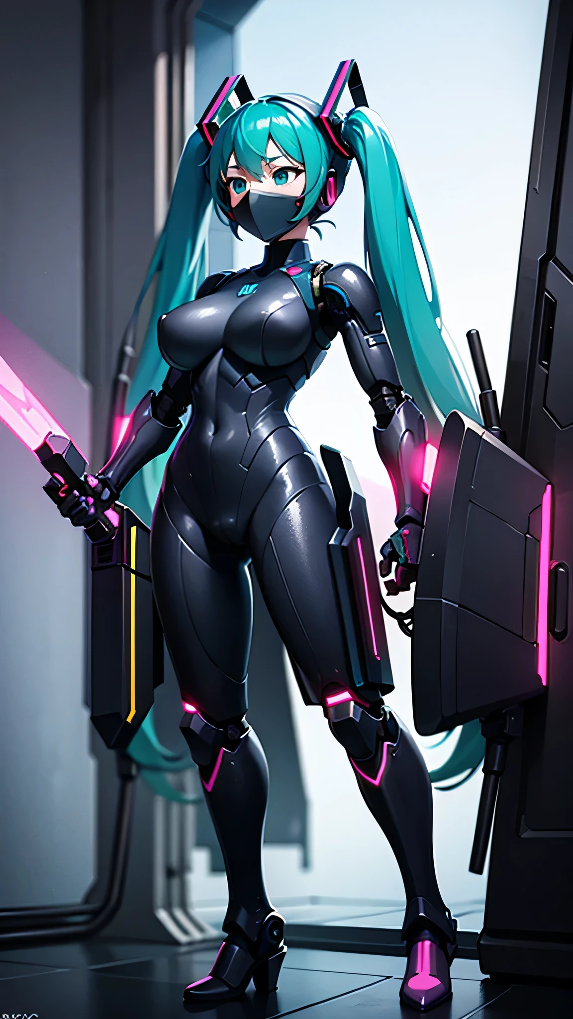1girl, solo, (hatsune miku), big breasts, aqua hair, aqua eyes, twintails, heavy cybernetic boots, heavy cybernetic gauntlets, heavy cybernetic leotard, high heels, (heavy cybernetic visor:1.1), cybernetic face mask, cybernetic armor plating, mechanical parts, determined, glowing neon, thrusters, high heels, armor cooling vents, android, science fiction, motorcycle, mobile suit, good_face:0.8
