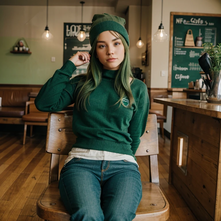 1girl, solo, Coffee shop, green hair, beanie, sweater, jeans, sitting on chair, dynamic pose, indoors,