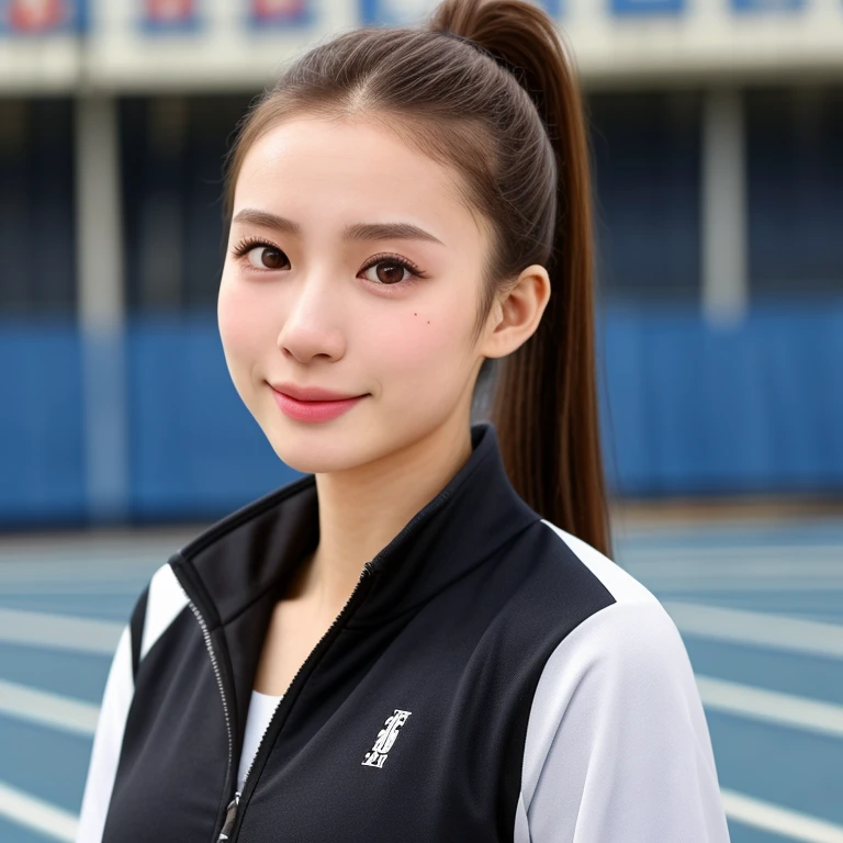 (kawaii 24 year-old Japanese girl, Nogizaka idol, Korean idol, female athlete), glossy brown hair, (high ponytail:1.2), beautiful black eyes, rounded face, single eyelid, (no makeup:1.2), (soft smiling), (long sleeved track jacket:1.3), extra small breasts, BREAK, (track and field stadium  background:1.2), (dynamic angle, bust shot:1.2), BREAK, (masterpiece, best quality, photo realistic, official art:1.4), (UHD, 8K quality wallpaper, high resolution, raw photo, golden ratio:1.3), (shiny skin), professional lighting, physically based rendering, award winning, (highly detailed skin texture, extremely detailed face and eyes textures), Carl Zeiss 85 mm F/1.4, depth of field, (1girl, solo),