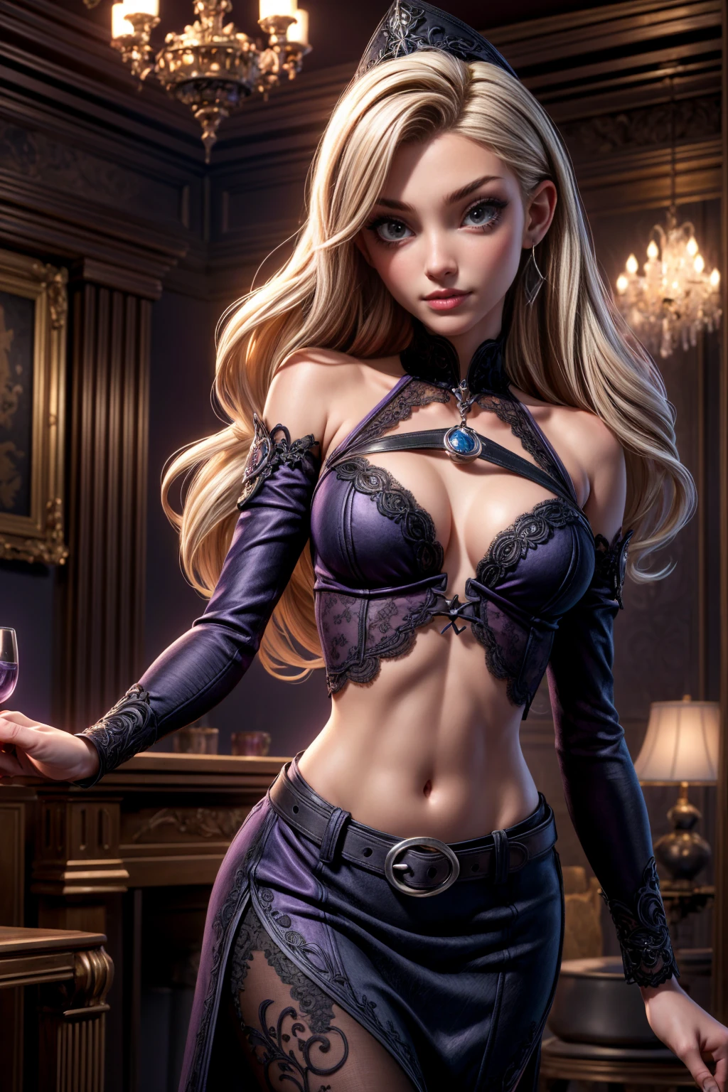 Hyperrealistic, superdetailed, sexy slim blond woman, detailed, sexy facial expressions, seductive facial expression detail: 1.4): [0.4], 16k resolution, 4K resolution, (Flat stomach perMade), (Color image), INTERVALL I. Outfiegante, Enchanting, short fitted dress, plunging back, plunging neckline, long lace sleeves, belt decorated with mystic symbols, high jump boots, black and silver jewelry. II. location: Gothic castle, dark and mysterious atmosphere, subdued lighting with chandeliers, library full of old books, mirrors framed with magical motifs, scented candles with incense, mystical mist floating in the air. III. Decoration: Gothic ambience, subdued lighting with purple and blue light, refined furniture with accents in black and silver, black velvet curtains, mirror decorated with witch motifs, lavender scented candles, break, view of the viewer, masterpiece, best quality, very detailed, desire, blush, (Beautiful and detailed eye description), (Beautiful and detailed face), perfect female body, (best quality), (ultra-detailed), (masseter piece), (high resolution), (original), (the extremely detailed CG Unity 8K backgrounds) break only lingerie
