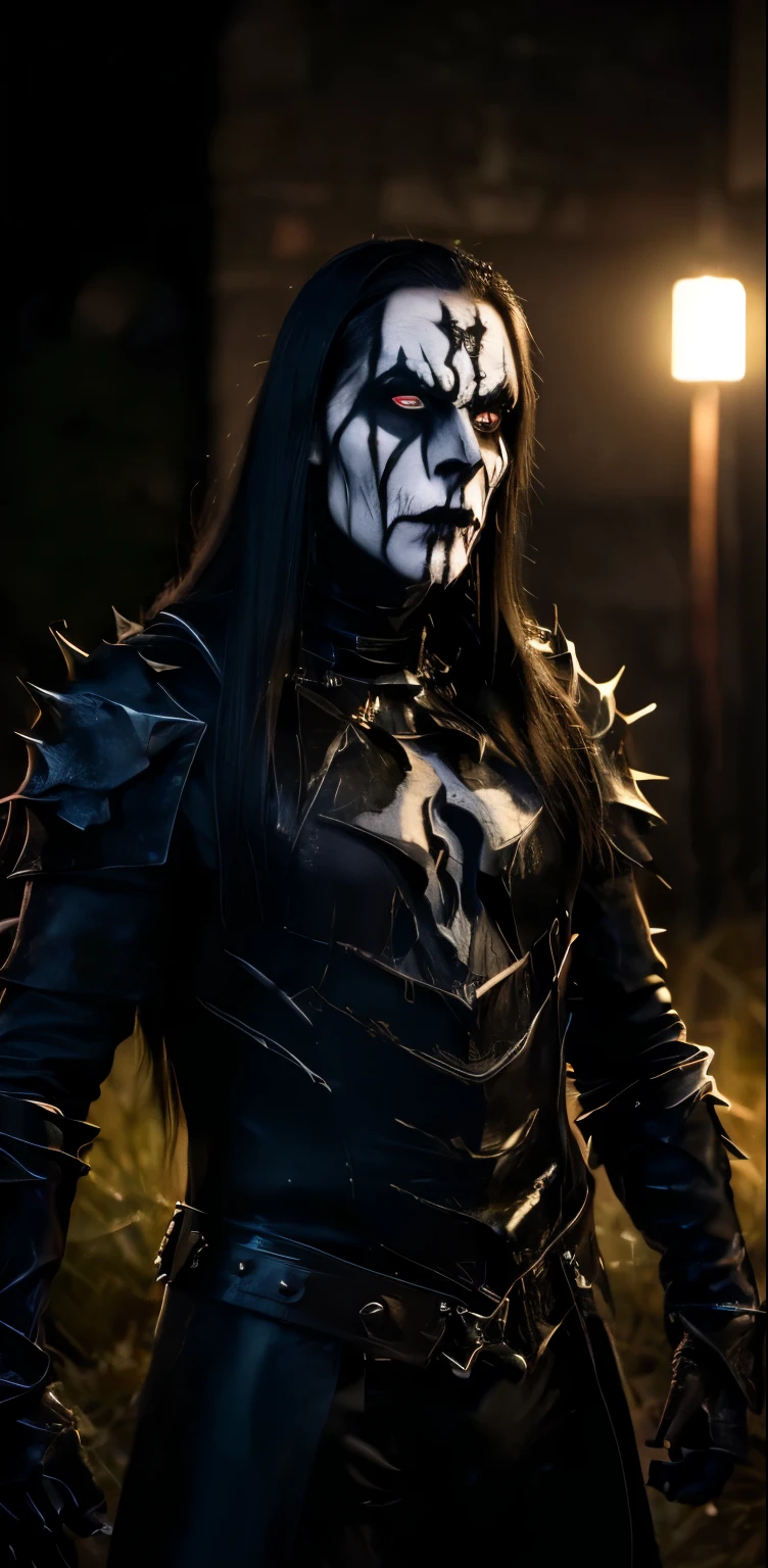 (masterpiece, best quality:1.2), (((1man, male))) , solo, highres, best quality, Half body shot of a strong Man, pale white skin angry man with (((black metal makeup, corpsy paint))), ((Angry face)) , heavy White and Black face paint, wearing a black and silver armor, spike, in a gothic cemitery, at night, horror movie. high details, super detail, textured skin, masterpiece, UHD, 4K, 8k. ((Cinematic lighting)). Church on fire background 