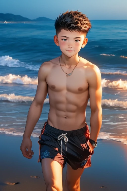 beach, Before dawn, boy , walking, 19 years old, Swimsuit, Short spiked hair, crew cut hair, Cute, Young, Asian,