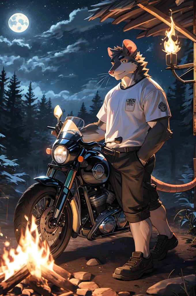 handsome male, rat, tall slinky semi muscular build, light silver long messy fringe, ((best quality)), ((masterpiece)), (detailed), perfect face, silver fur, gold eyes, detailed eyes , large baggy white t-shirt, mysterious, black shorts, black sports motorcycle, forest, campfire, night, leaning against motorcycle, holding folder (folder is on fire), folder is on fire