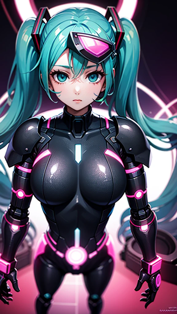 1girl, solo, (hatsune miku), big breasts, aqua hair, aqua eyes, twintails, heavy cybernetic boots, heavy cybernetic gauntlets, heavy cybernetic leotard, high heels, (heavy cybernetic visor:1.1), cybernetic face mask, cybernetic armor plating, mechanical parts, determined, glowing neon, thrusters, high heels, armor cooling vents, android, science fiction, motorcycle, mobile suit, good_face:0.8