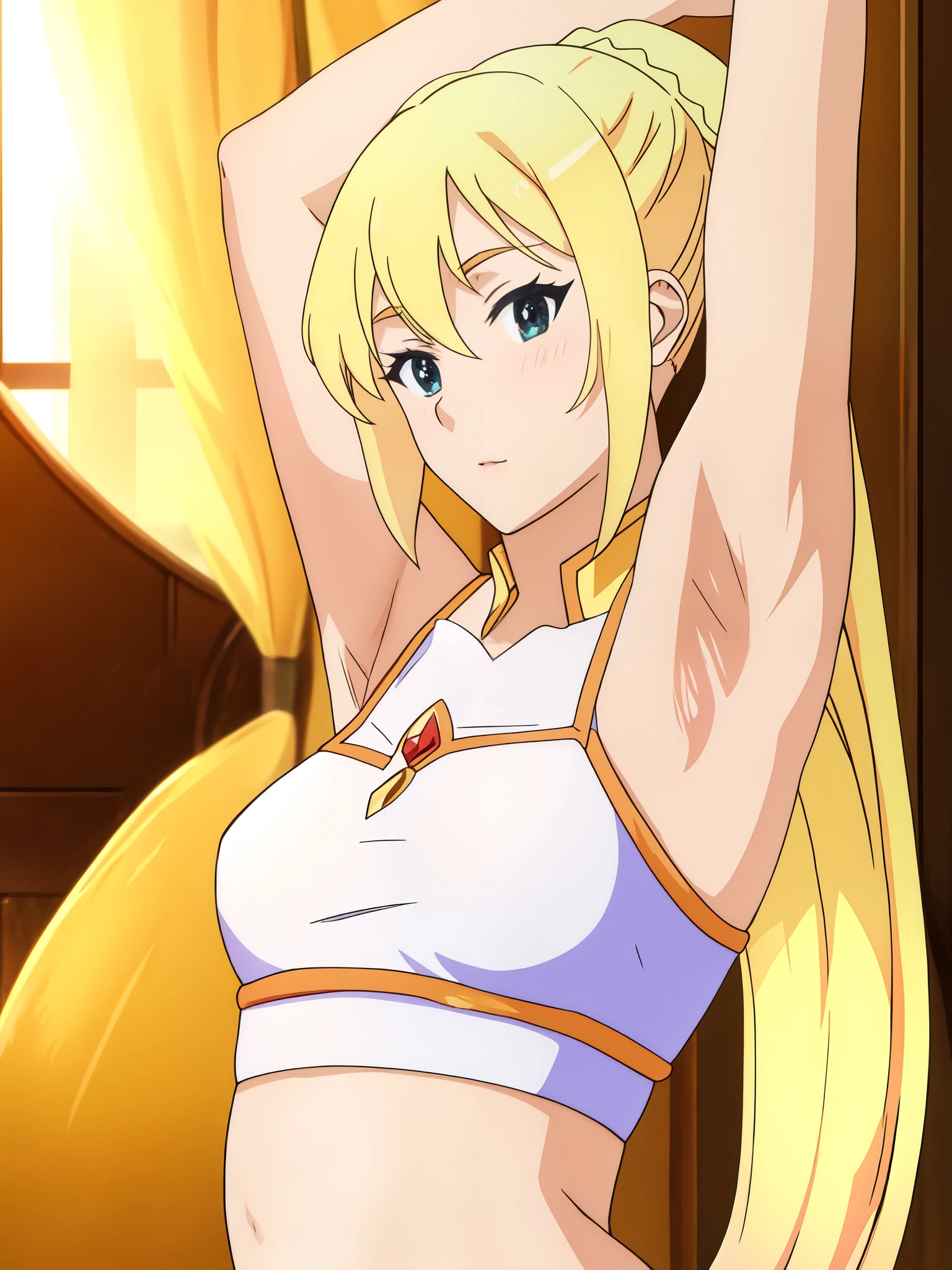 Armpit Show,masterpiece, highest quality, High resolution,Blonde,ponytail,