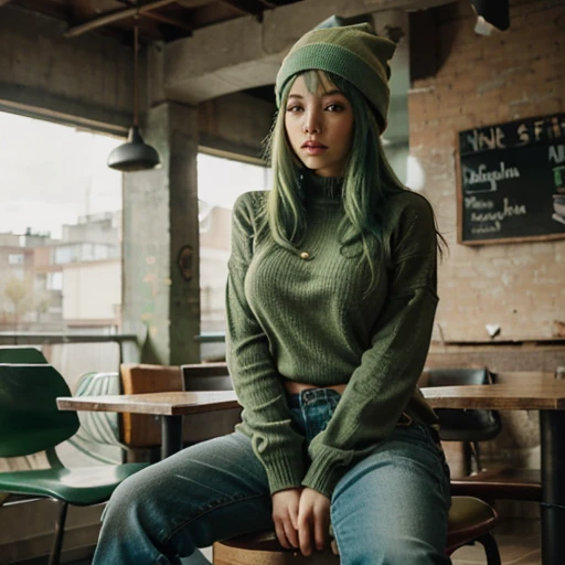 1girl(green hair, medium breasts, solo, Coffee shop, green hair, beanie, sweater, jeans, sitting on chair, dynamic pose, indoors,
