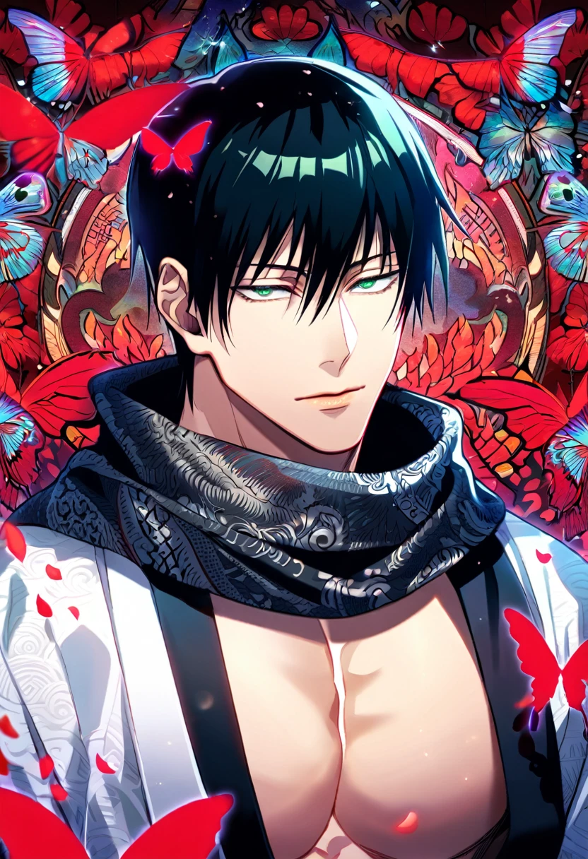 Ultra detailed, Highres, absurdres, HDR, Fushiguro Touji, black straight hair, expressive green eyes, black scarf with patterns, white kimono, Jujutsu Kaisen, glittering red butterflies, petals, handsome, sexy man, solo, very detailed eyes and face, master piece, toned chest, glittering, fantasy, red forest,