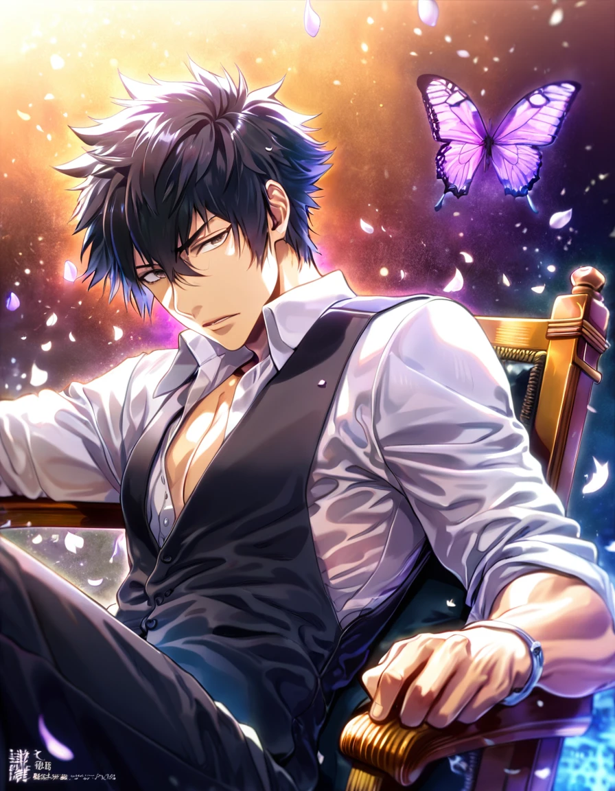 absurdres, highres, ultra detailed, HDR, master piece, best quality, Kougami Shinya, black hair, expressive gray eyes, psycho pass, solo, sexy man, handsome, toned chest, white shirt, black vest, sitting, purple cross, purple butterflies, petals
