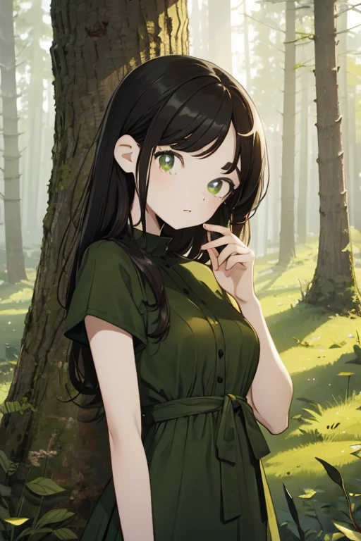 keke artstyle,simple image,beauty girl with dark hair and green eyes looking at the viewer,detailed dress,forest
