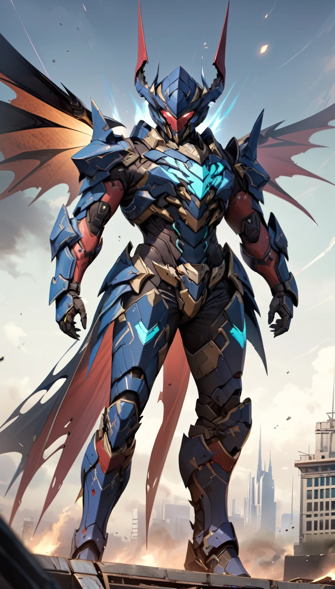 A man wearing a full-face helmet, a fantasy-style biotech armored combat suit, green eyes, (a composite layered chest armor), fully enclosed shoulder guards, matching arm and leg guards, the belt is adorned with 666 mark, (the color scheme is primarily blue with red and black accents), the design balances heavy with agility, a high-tech bio-mecha armor, (Armor Concept Inspired by Demon, the huge demon wings, stand on the top of a skyscraper in a futuristic sci-fi city), this character embodies a finely crafted fantasy-surreal style armored hero in anime style, exquisite and mature manga art style, (battle damage, element, plasma, energy, the armor glows), ((male:1.5)), metallic, real texture material, dramatic, high definition, best quality, highres, ultra-detailed, ultra-fine painting, extremely delicate, professional, perfect body proportions, golden ratio, anatomically correct, symmetrical face, extremely detailed eyes and face, high quality eyes, creativity, RAW photo, UHD, 32k, Natural light, cinematic lighting, masterpiece-anatomy-perfect, masterpiece:1.5