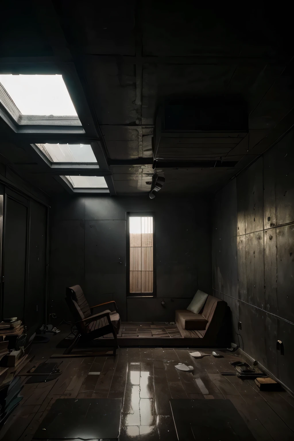 (best quality,highres:1.2),dark,dystopian, UNA VIVIENDA POR DENTRO EN DONDE SE OBSERVE UN USUARIO EN MAL ESTADO PSICOLOGICO, intranquilo dentro de la vivienda que haya calor, que haya sucio, la vivienda hecha con un material de construccion de mala calidad ,dramatic composition,intense atmosphere,haunting colors,harsh lighting,dynamic angles.