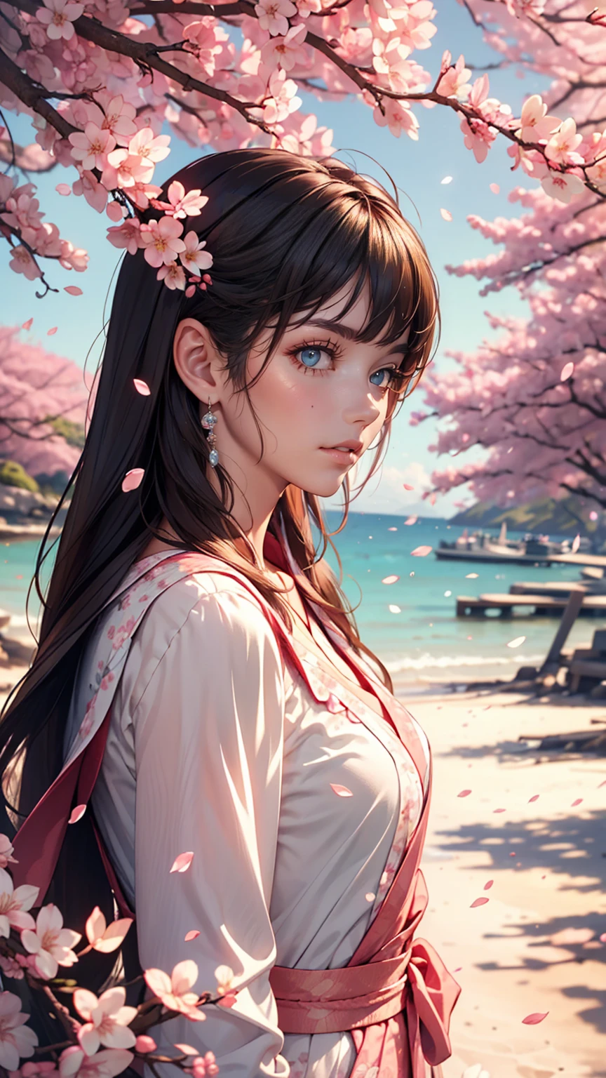One girl,Black Hair, Floating Hair, Seaside,景color,landscape,cherry blossoms, Falling petals, Sunbeam,God&#39;s Rays,Upper Body, color,dress,kimono