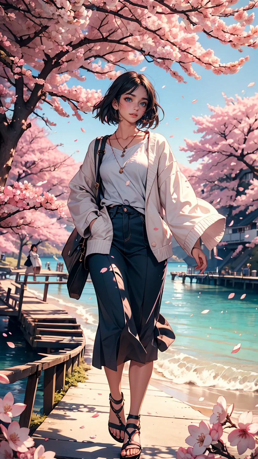 One girl,Black Hair, Floating Hair, Seaside,景color,landscape,cherry blossoms, Falling petals, Sunbeam,God's Rays,Upper Body, color,dress,kimono