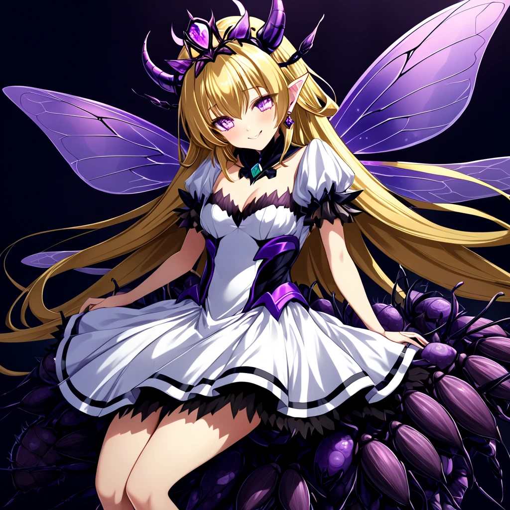 ((highest quality)), ((masterpiece)), (detailed), （Perfect Face）、（The woman was a purple fly demon called Extia Spica with medium-long blonde hair, a deformed fly demon similar to Beelzebub, the demon king of flies, with fly antennae and four transparent fly wings growing from her back, fly-like body hair growing from her, and a fly-decorated engagement ring on her arm.２She is carried in the princess carry position by Beelzebub, the great demon king of flies, who has a book and four thin fly-like arms, and is loved by him while he gives her deep kisses.）、She became the wife of the Demon King of flies and became a demon of flies with a smile, and gained the same fly antennae and transparent eyes as the Demon King.４The body of the fly is purple with black borders.々The stinging like that of a dead fly々The woman is wearing a cute devil dress, a fly-themed tiara, fly earrings and other accessories all with a fly motif, and is carried in a princess carry by Beelzebub, the Demon King of the Flies. She smiles happily and hugs him and kisses him. She is loved and favored by Beelzebub, the Demon King of the Flies.、The man is Beelzebub, the monstrous demon king of flies, and caresses the woman, lifting her up in a princess carry, embracing her, rubbing her cheeks with him, kissing her and showing her affection.、（Demon King２He has one arm and four thin fly arms, and with those six arms he holds the woman tightly in a princess carry and kisses her deeply, pressing her against him.）