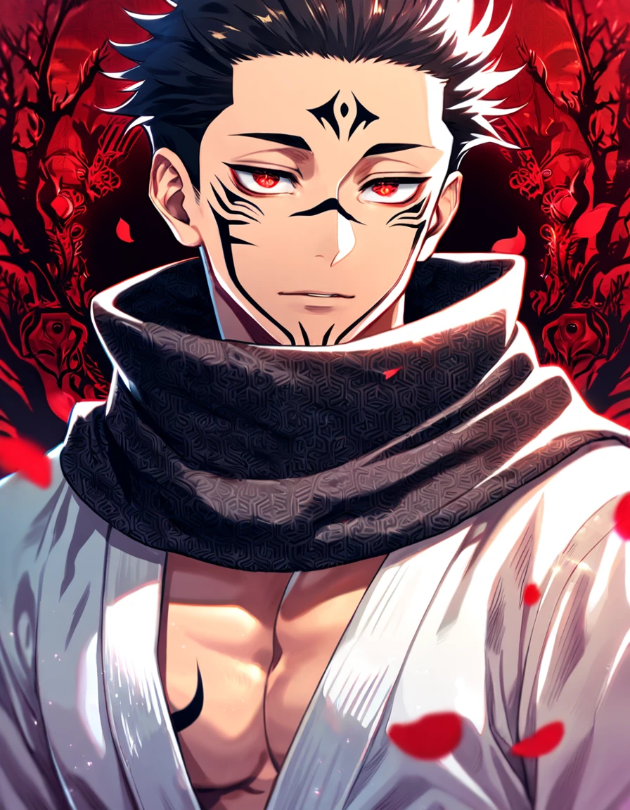 Ultra detailed, Highres, absurdres, HDR, Ryomen Sukuna, black hair, expressive red eyes, black scarf with patterns, white kimono, Jujutsu Kaisen, glittering red butterflies, petals, handsome, sexy man, solo, very detailed eyes and face, master piece, toned chest, glittering, fantasy, red forest,