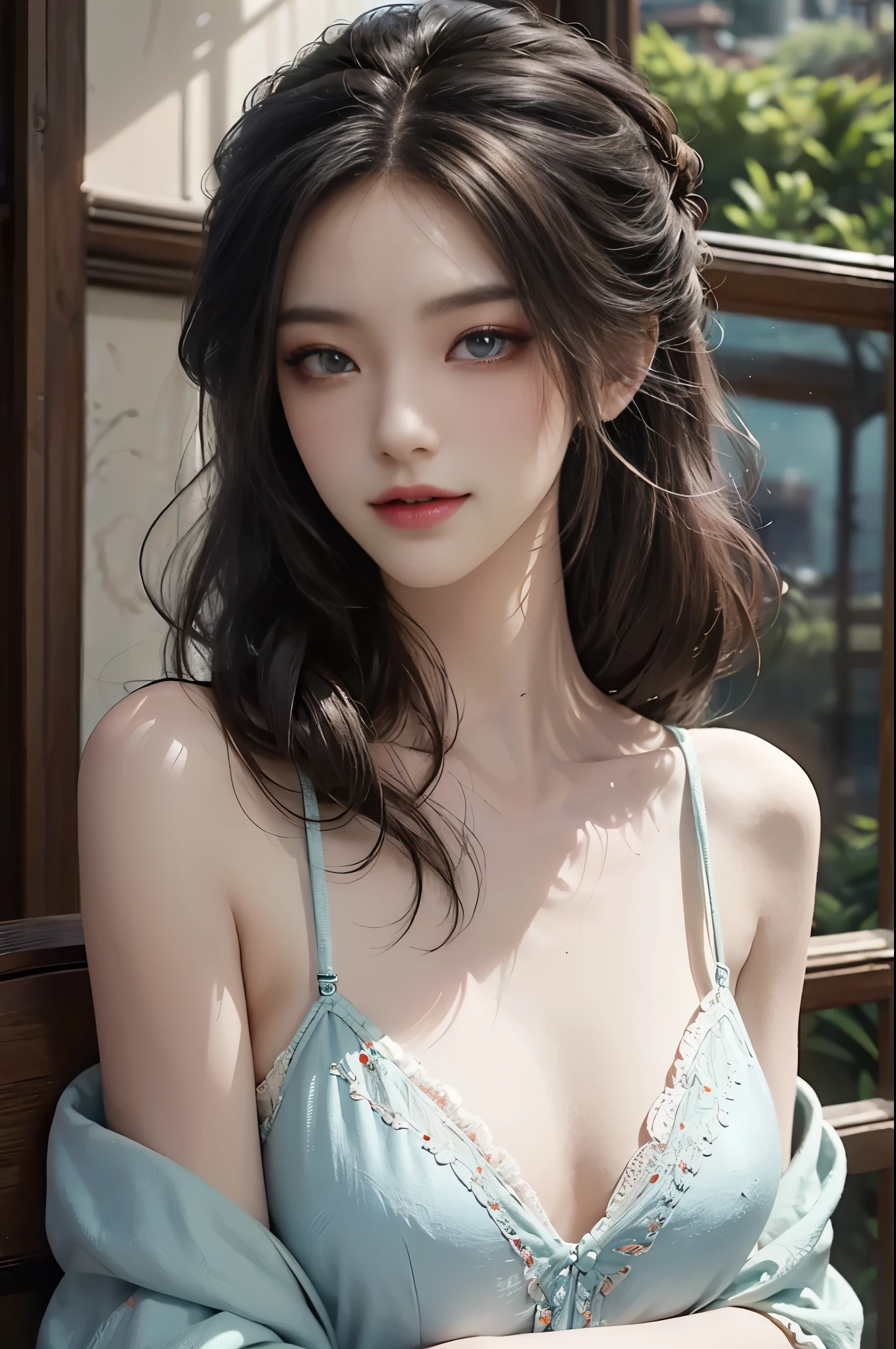 mature women, cosmetic, small eyes, beautiful eyes, ((whole body)), ((Random shooting angle)), (best quality, masterpiece:1.2), Super detailed, (actual:1.37), beautiful, young, Charming model with (delicate eyes, Detailed lips, extremely delicate eyes), white and floral, show a bright smile, Create stunning girl images, Warm colors, Extremely high color saturation, official art, Extremely detailed CG unified 8k wallpaper,(high dynamic range :1.4), (cinematic),(pastel colors, dull color, soothing tone :1.3), (natural skin texture, ultra-actual, soft light, sharp),(Very detailed), night, moonlight, In an antique pavilion, Sitting on the bench against the guardrail,Very thin,Very thin waist,Dark brown hair,Nipples,Overflowing with deep sex appeal and charm,Nipples,Thin underwear like a string,