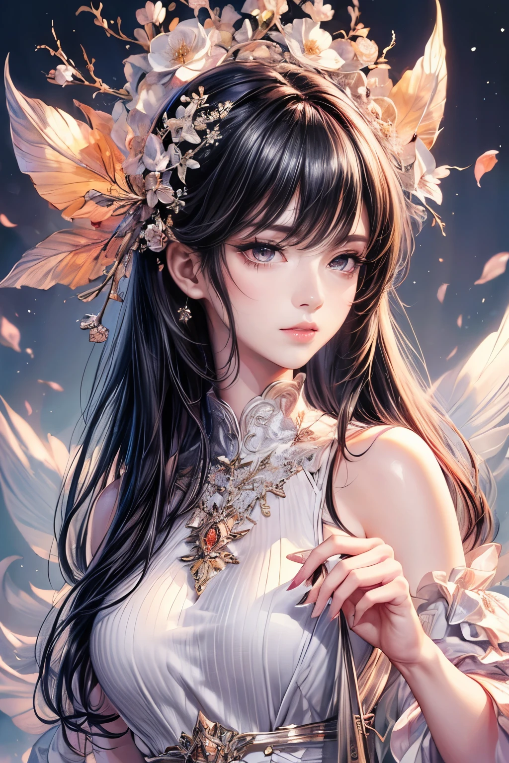(highest quality,8k,CG),(Upper body details),(Lonely Girl),(Floral dress rest background),(Detailed facial features),(Elegant long black hair),(Almond-shaped red eyes),(Detailed eye makeup),(Long, fluttering eyelashes、Big eyes),(Twinkling Star),(Intricate lip detail),(Soft and harmonious style)