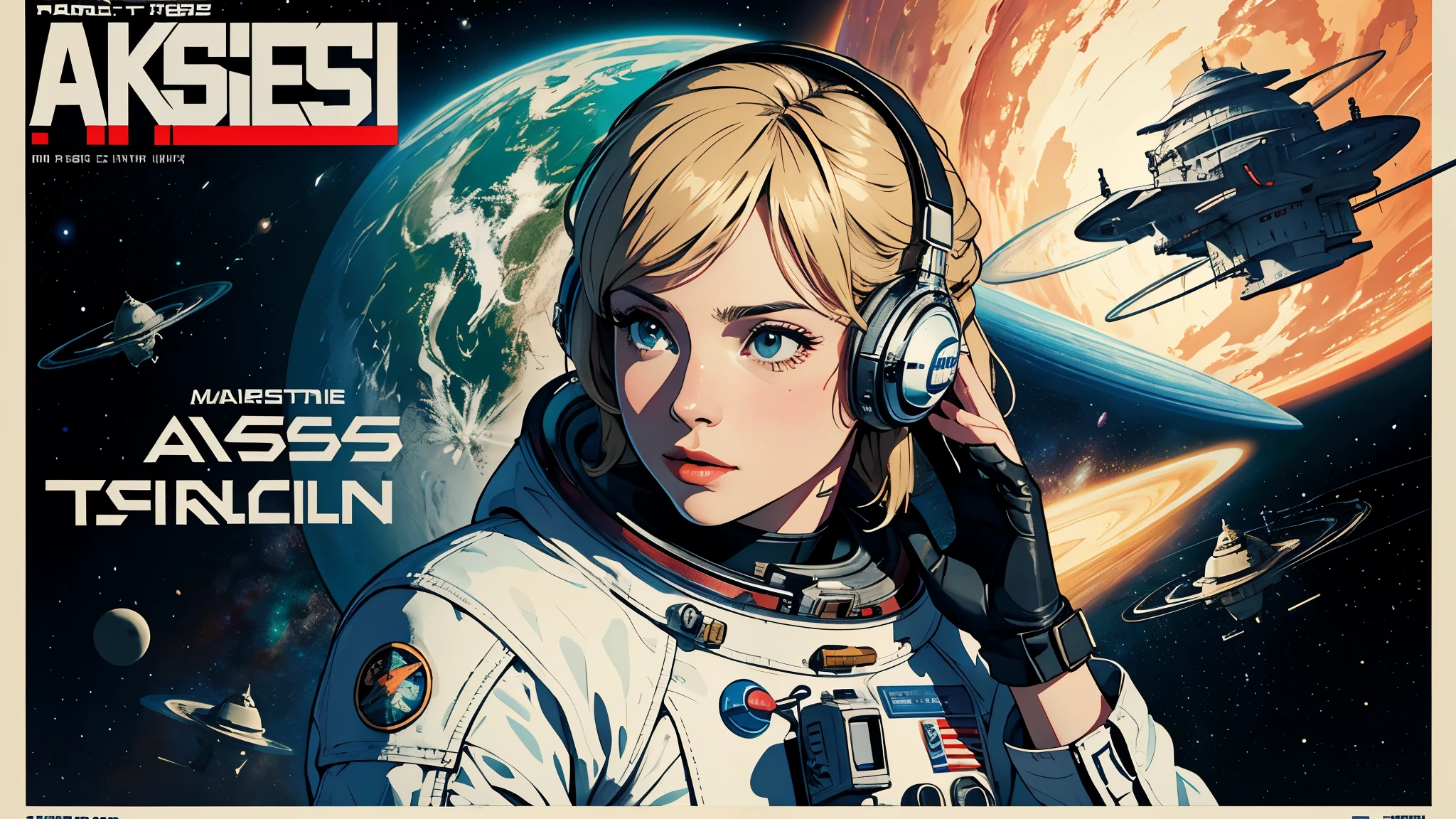 (masterpiece, highest quality), 8k wallpaper, very detailed, poster, vintage science fiction, 1960s,(((space thriller cinematic movie poster))), (bauhaus), shape,abstract, mid century modern, movie poster, vintage, Perfect Lady,anime,1970's,halftone,speech bubble