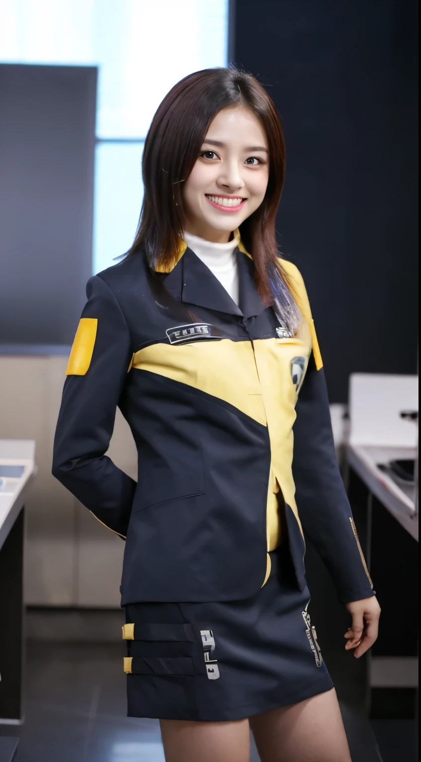 Tabletop, highest quality, 8k、(Golden ratio face、Balanced Eyes、Very gentle eyelids)、double eyelid、Innocent face、Young Face、Beautiful nose、Embarrassed laugh、Lip gloss 、Very beautiful girl、Beautiful girl solo like a model、 Wearing Starfleet uniforms, Starfleet uniform、Clear costume design、Blue Hair、Put the headset on your head、Skirt、pantyhose、Android、battleship cockpit,ＳＦworld,Anime World Girl、Futuristic Background、