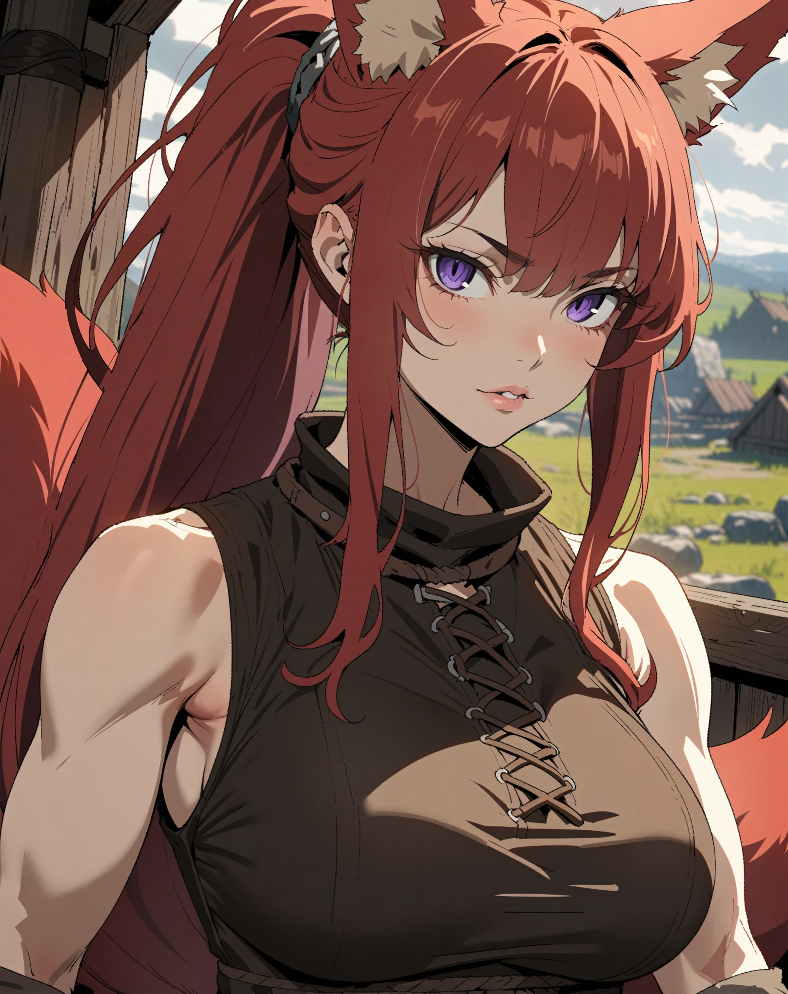 (Masterpiece, best quality, highres, portrait) {{Artist: Sincos}} 1 woman, solo, old, fair skin, strong, sharp eyes, fox ears, fox tail, purple eyes, lips, red hair, long hair, ponytail, big breasts, simple black tunic, sleeveless tunic, white pants, leather boots, adventurer, stoic, courageous, standing straight, in norse village, cloudy, medieval fantasy.
