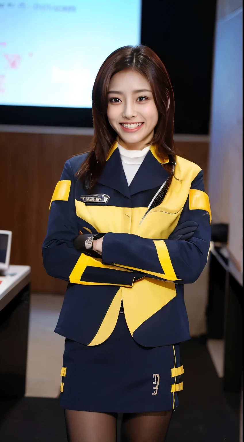 Tabletop, highest quality, 8k、(Golden ratio face、Balanced Eyes、Very gentle eyelids)、double eyelid、Innocent face、Young Face、Beautiful nose、Embarrassed laugh、Lip gloss 、Very beautiful girl、Beautiful girl solo like a model、 Wearing Starfleet uniforms, Starfleet uniform、Clear costume design、Blue Hair、Put the headset on your head、Skirt、pantyhose、Android、battleship cockpit,SFworld,Anime World Girl、Futuristic Background、