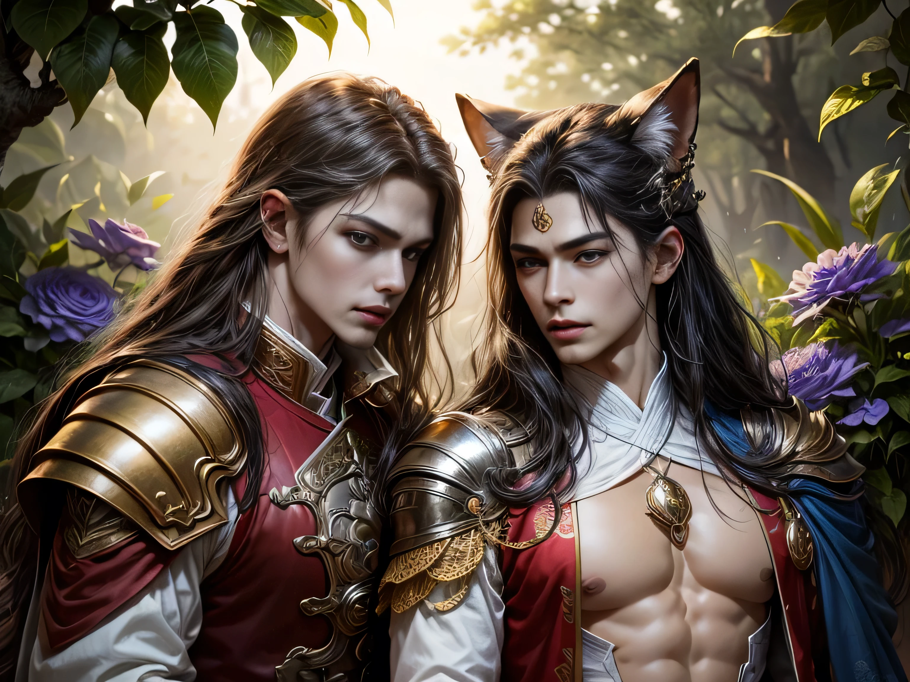 (Best Quality, 8K, Masterpiece, HDR, Soft Lighting, Picture Perfect, Realistic, Vivid), Garden with blue and pink flowers, a handsome man is lying on the grass, a fox girl is lying on his chest, he has a beautiful blue eye color and a kind smile , black hair, he has a naked torso with a perfect body, his clothes are Tang Dynasty style, man, cute man, blue eyes, smile (ultra high quality fantasy art, majestic fantasy style), masterpiece, ultra high quality male character design, anime art in 8k resolution, realistic anime art, highest quality wallpaper illustration, detailed ultra high quality accurate male character face, high quality design and accurate physics, male character) (ultra high quality fantasy art, dark fantasy style), masterpiece, ultra high quality characters, anime with -8k resolution, realistic anime art, highest quality wallpaper illustration, ultra high facial detail, high quality design and accurate physics), color difference, depth of field, dramatic shadows, ray tracing, high quality and detailed computer wallpapers in 8K resolution. (Accurate simulation of the interaction of light and material)], [Visual art that conveys the meaning of history]